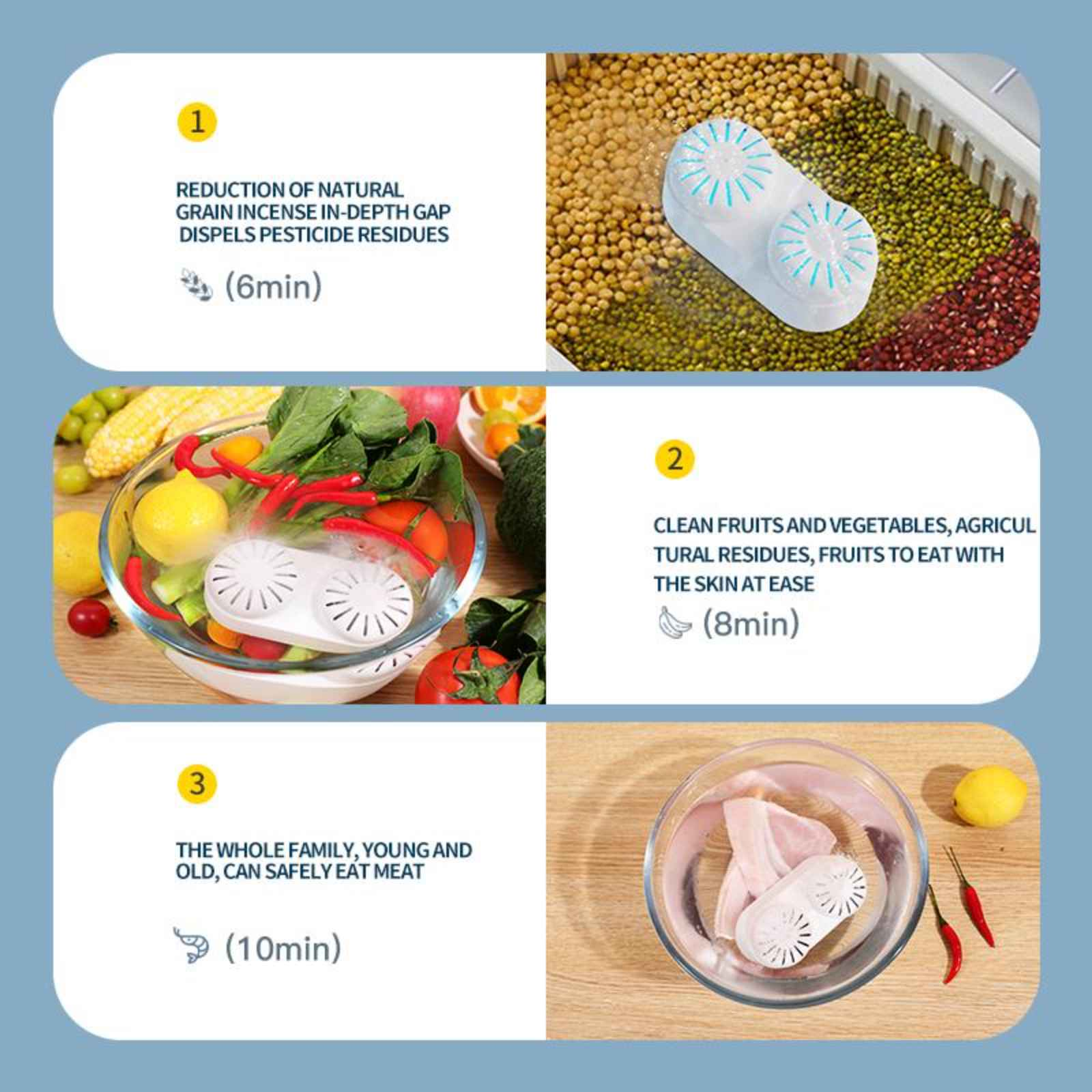 Drei Bilder, die den Reinigungsprozess von Gegenständen mit einer Obst- und Gemüsewaschmaschine zeigen.