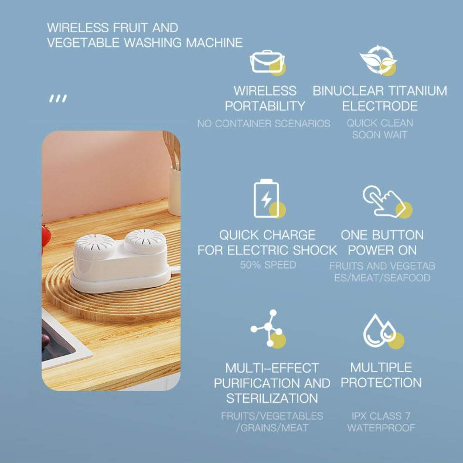 Weiße Obst- und Gemüsewaschmaschine auf einem Holztisch mit Textbeschriftungen zu ihren Funktionen.