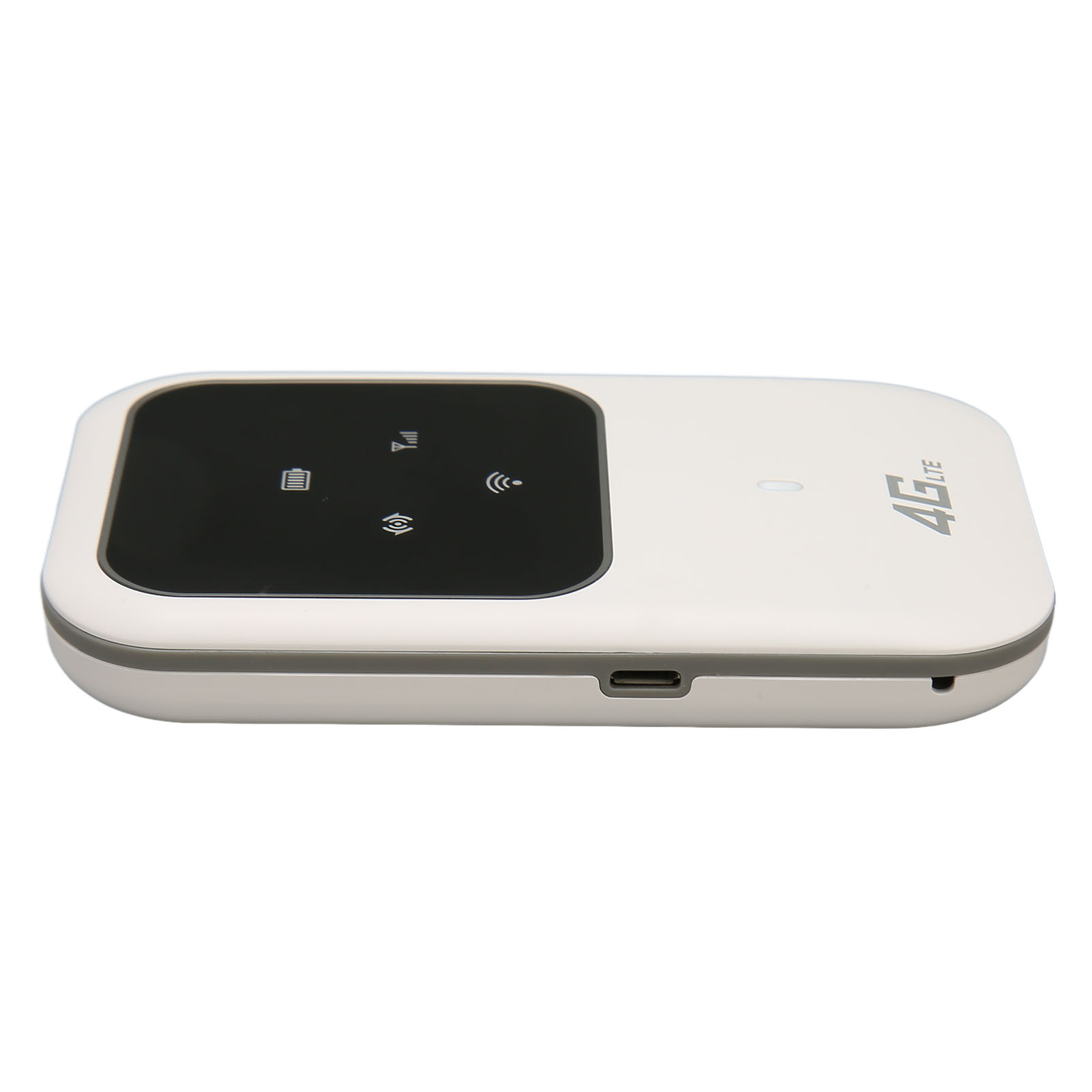 Ein weißer 4G-LTE-Router mit schwarzem Bildschirm und Symbolen. Der Router hat einen silbernen Rahmen.