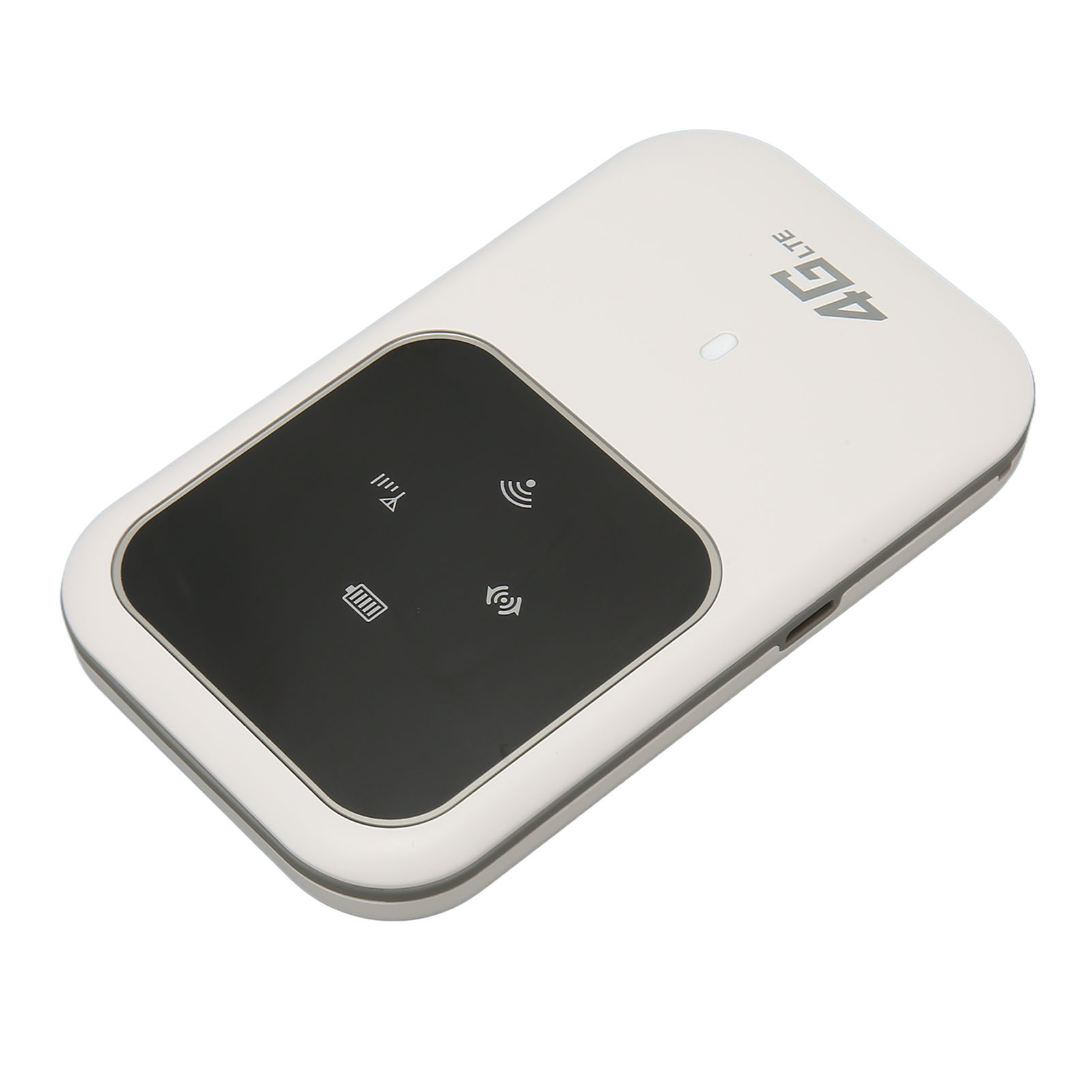 Ein weißes 4G LTE Mobile Hotspot-Gerät mit schwarzem Bildschirm und Symbolen. Das Gerät ist abgewinkelt.