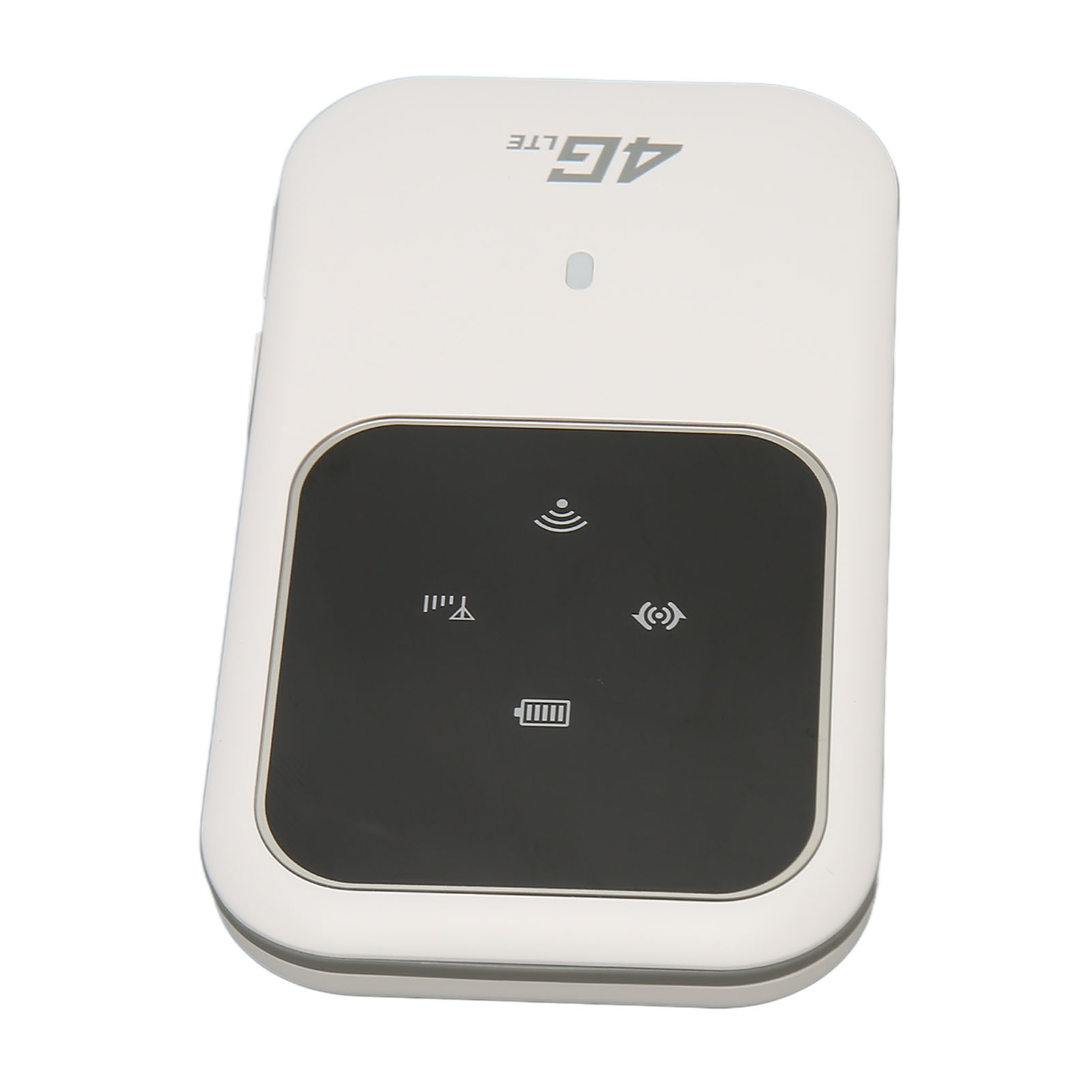 Weißer 4G LTE mobiler WLAN-Router mit schwarzem Bildschirm mit Symbolen für Signal, WLAN und Akku.
