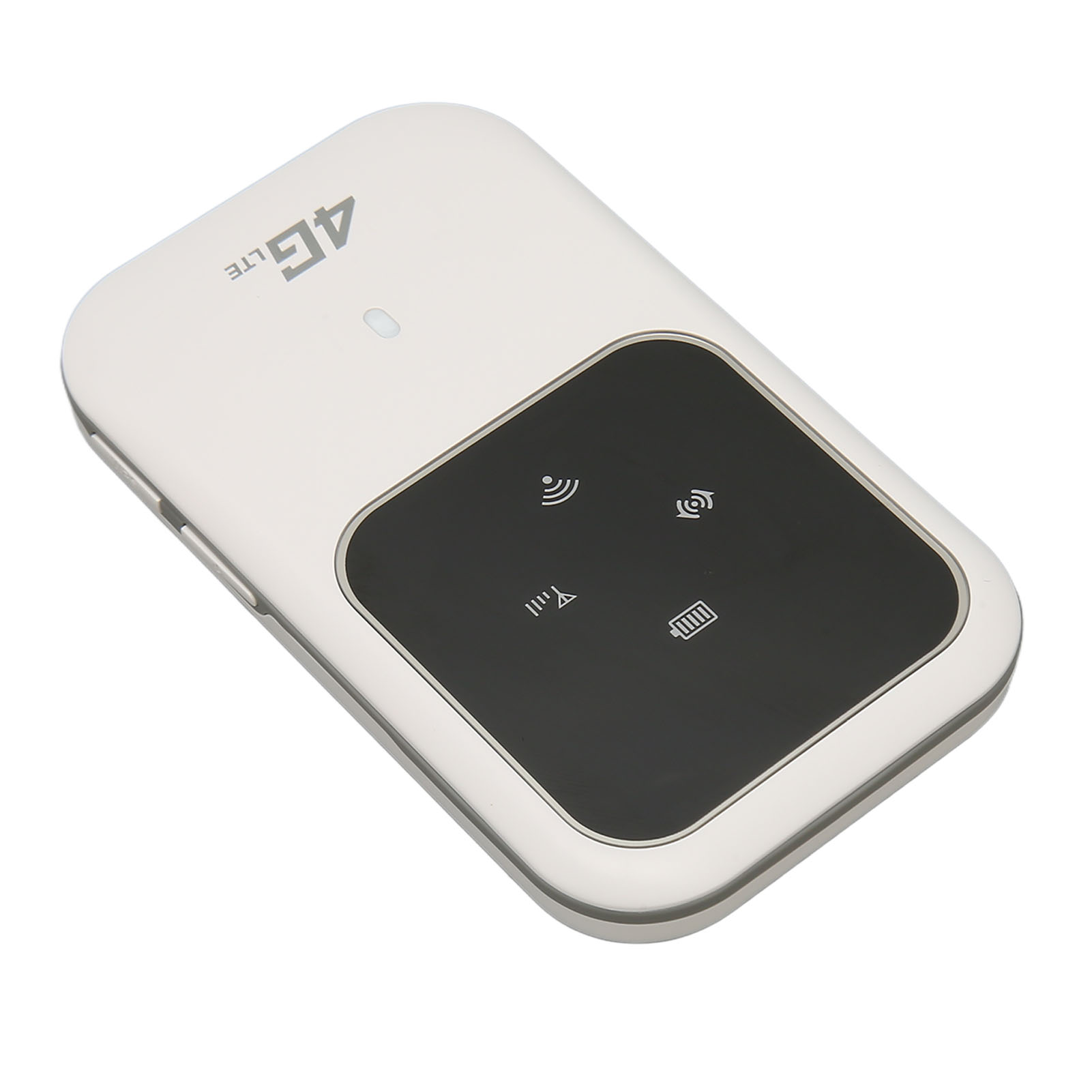 Ein weißes 4G LTE Mobile Hotspot-Gerät mit schwarzem Bildschirm und Symbolen. Das Gerät ist abgewinkelt.