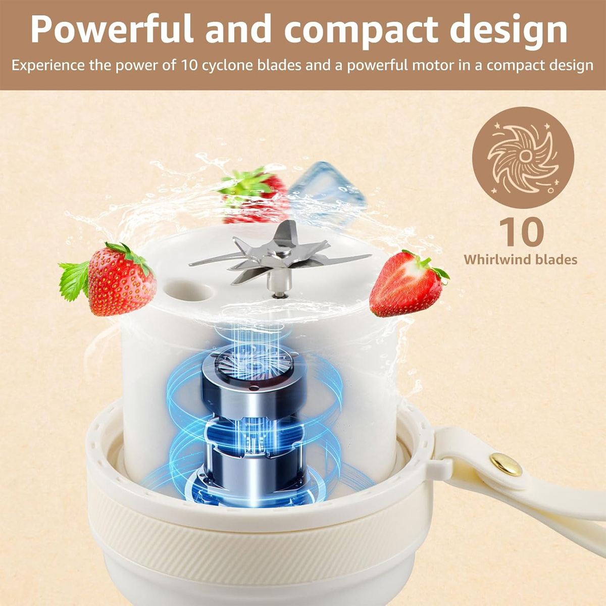 Das Bild zeigt einen Mixer mit Klingen und Erdbeeren. Es hebt die Leistung und das kompakte Design hervor.