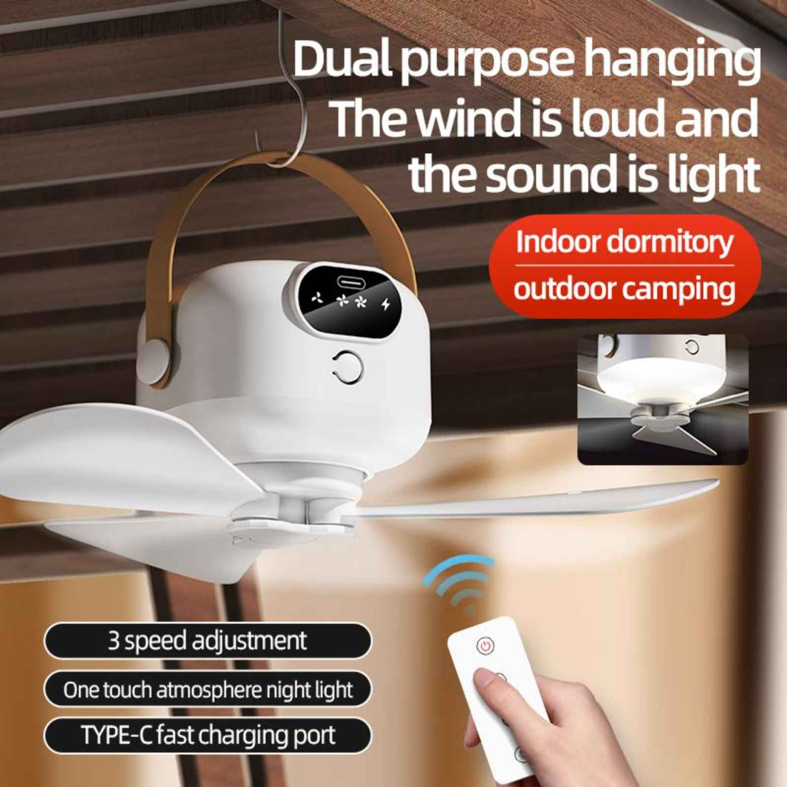 Ein weißer Deckenventilator mit braunem Griff, Fernbedienung und Text, der seine Funktionen beschreibt.