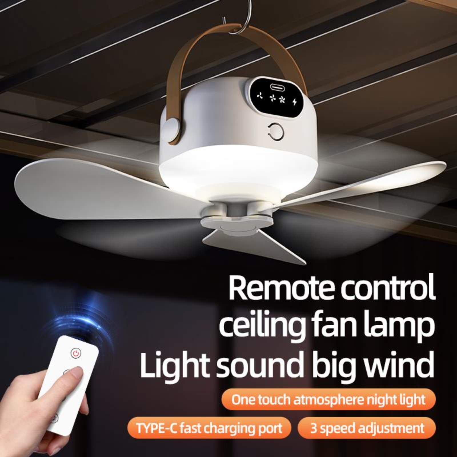 Ein weißer Deckenventilator mit braunem Griff, drei Flügeln, Fernbedienung und Text über seine Funktionen.