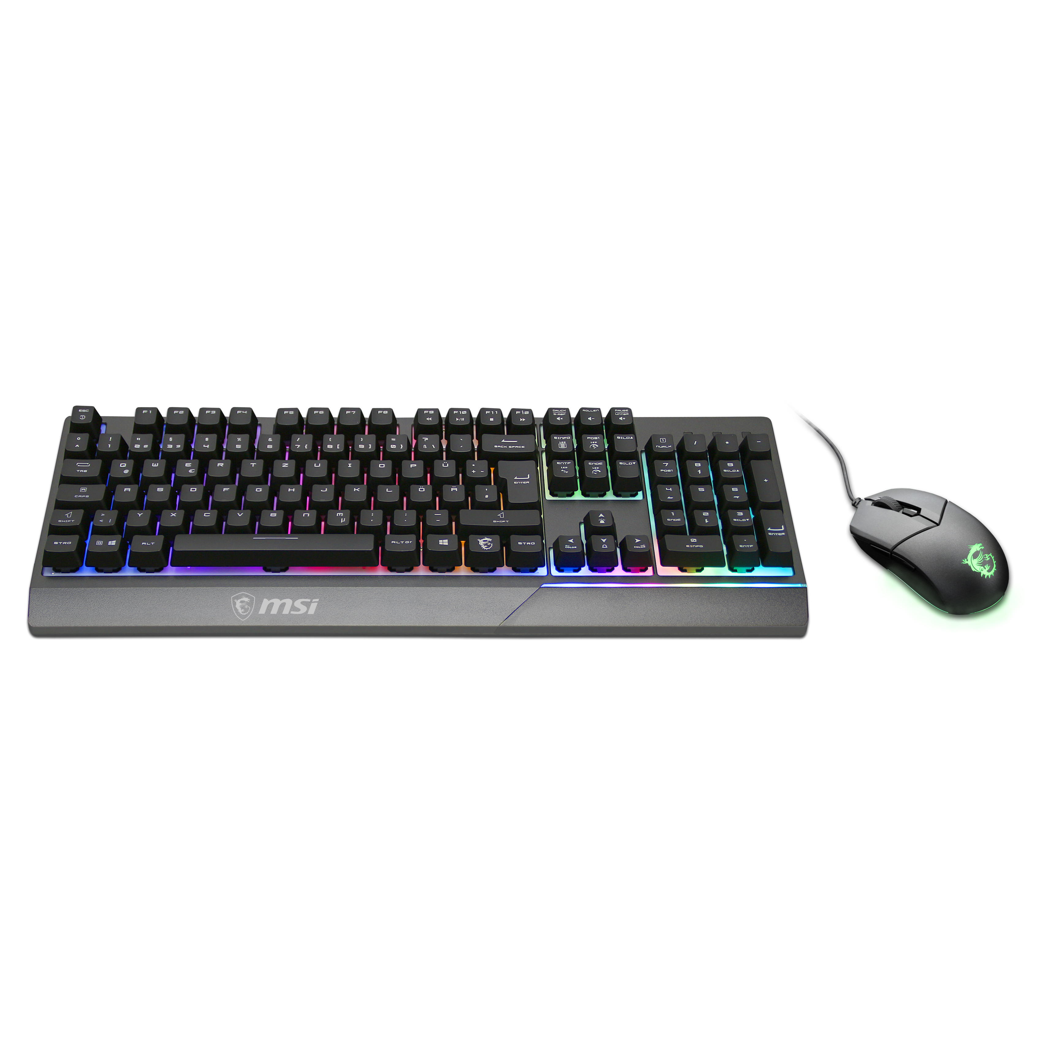 Una tastiera e un mouse. La tastiera ha l'illuminazione RGB e il mouse ha un logo luminoso.