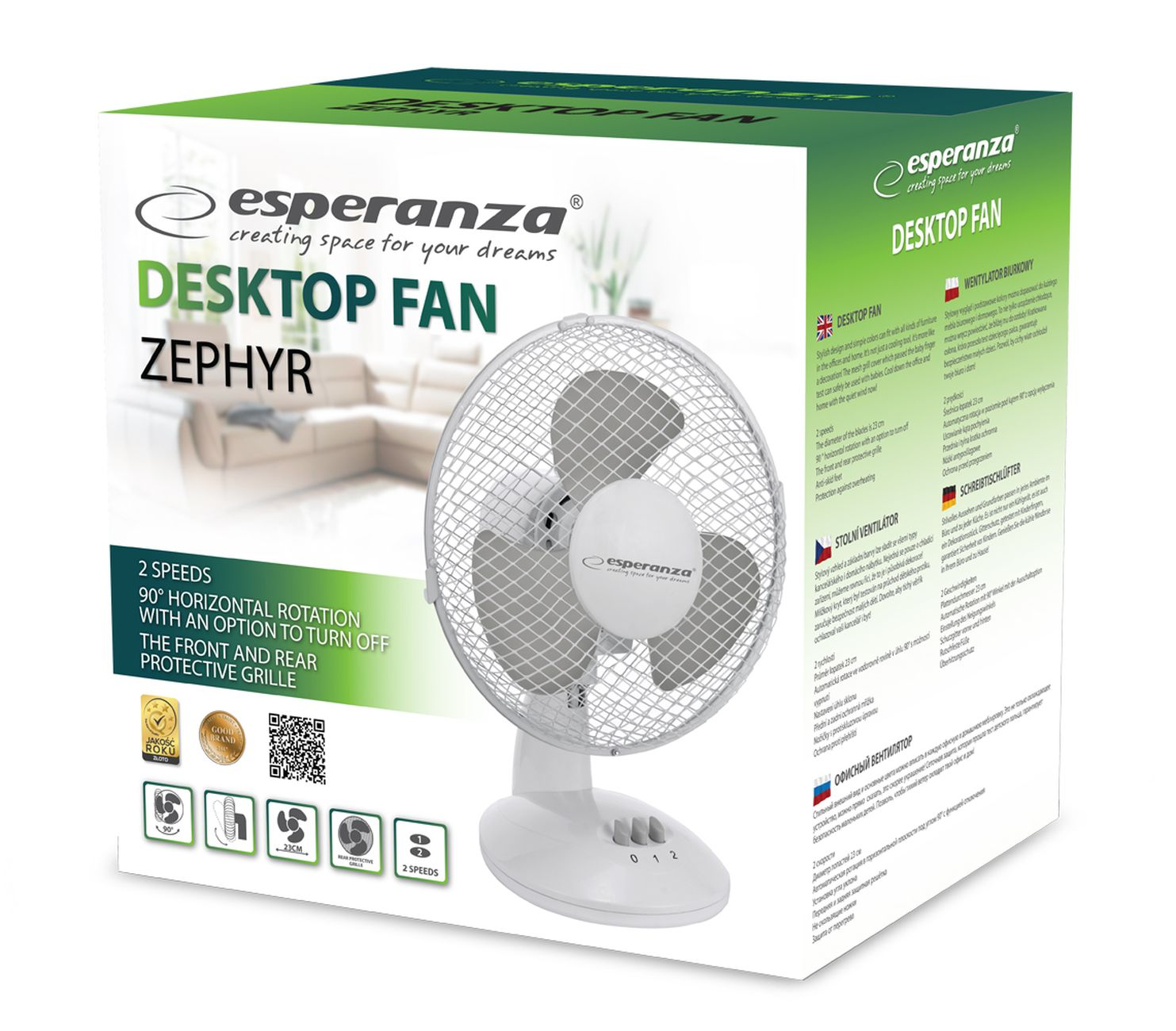 Weißer Schreibtischventilator in einer Box. Der Ventilator hat ein Schutzgitter und Steuertasten.