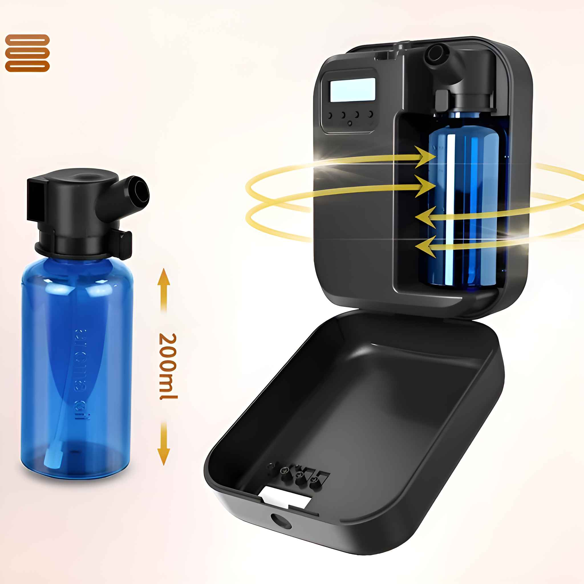 Ein schwarzer und blauer Diffusor für ätherische Öle. Eine blaue Flasche Öl steht daneben.