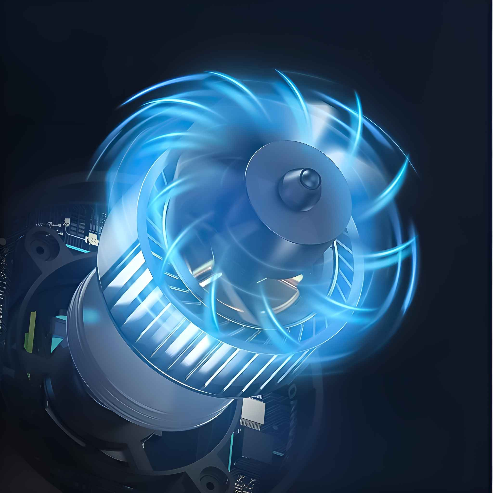 Nahaufnahme der sich drehenden Flügel eines blauen Ventilators, die blaues Licht aussenden, auf dunklem Hintergrund.