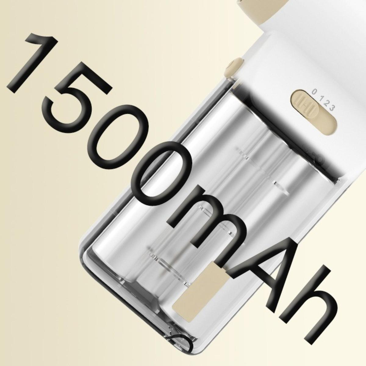 Nahaufnahme eines weißen und beigefarbenen Geräts mit einem transparenten Fach mit der Aufschrift 1500mAh.