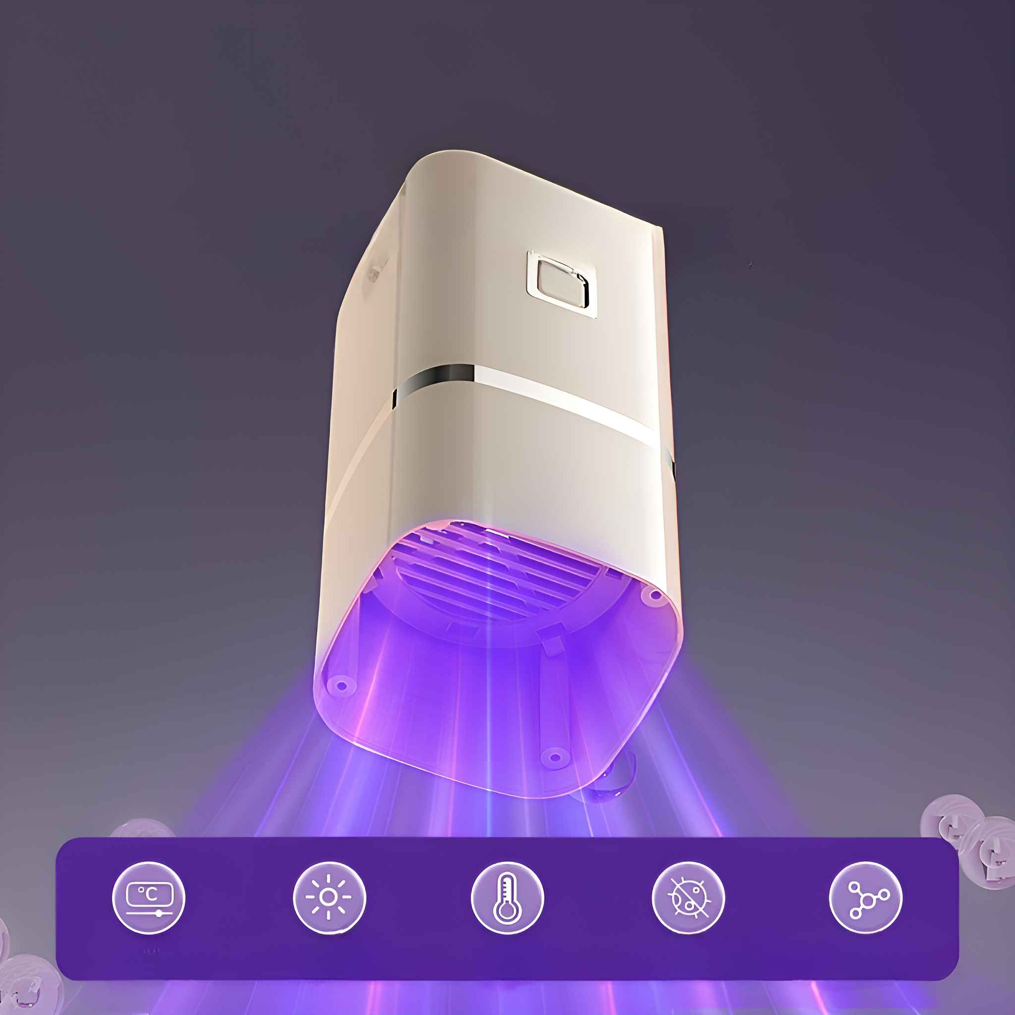 Ein weißer, rechteckiger Luftreiniger mit violettem Licht, das von unten emittiert wird. Symbole, die seine Funktionen anzeigen.