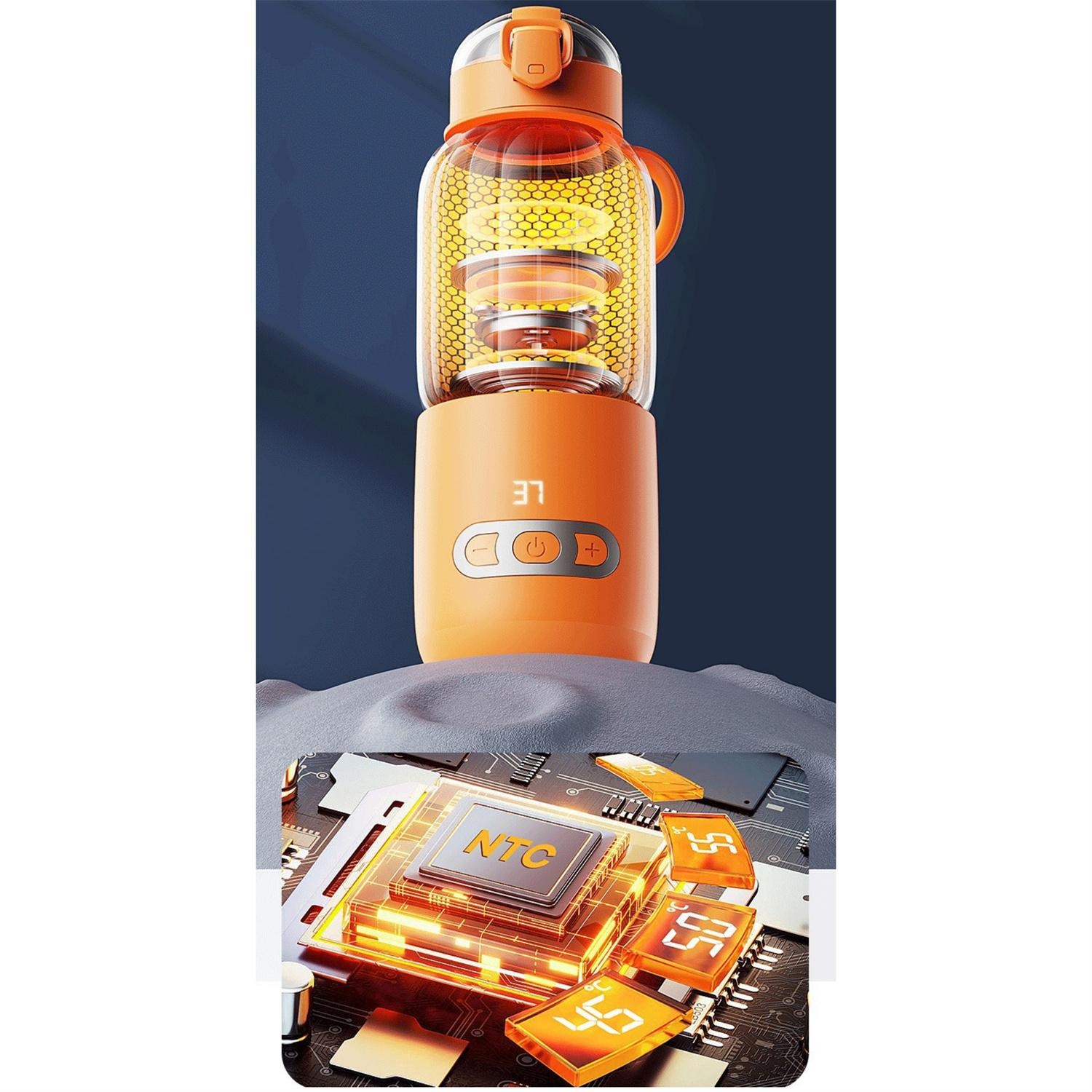 Oranger Mixer mit Innenteilen, Griff. Digitalanzeige und zusätzliche Komponenten darunter. Dunkelblauer Hintergrund.