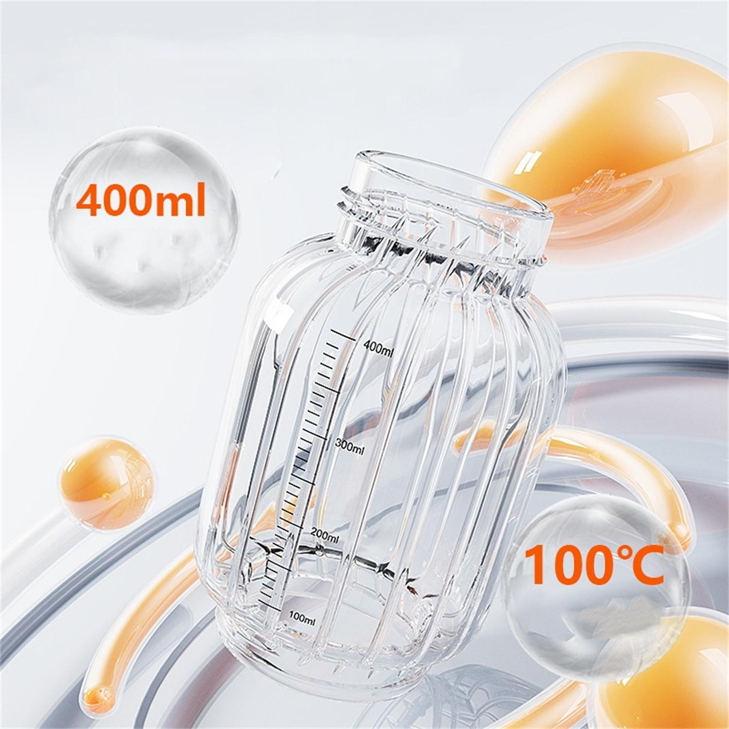 Klare Flasche mit Flüssigkeit und Messungen. Schwebende Blasen und eine Temperaturanzeige. Weißer Hintergrund.