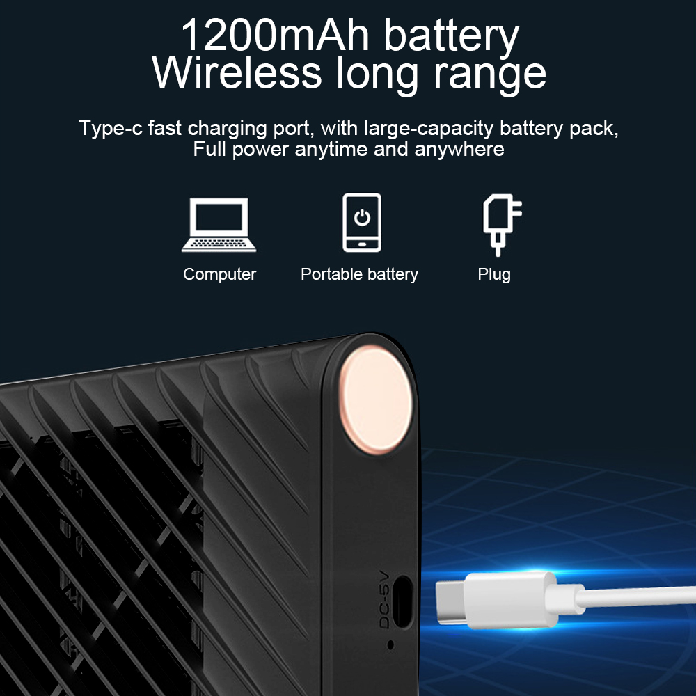 Eine Werbung mit Symbolen für einen Laptop, eine tragbare Batterie und einen Stecker. Der Text lautet 'Wireless long range'.