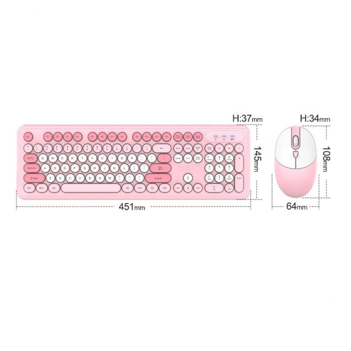 Rosa Tastatur und Maus-Set. Die Tastatur hat runde Tasten. Abmessungen werden angezeigt.