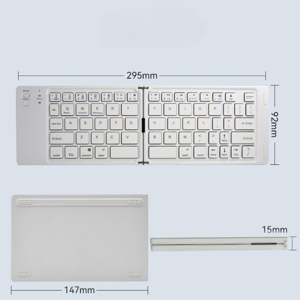 Eine weiße, faltbare Tastatur mit Abmessungen und Beschriftungen, aus verschiedenen Winkeln betrachtet.