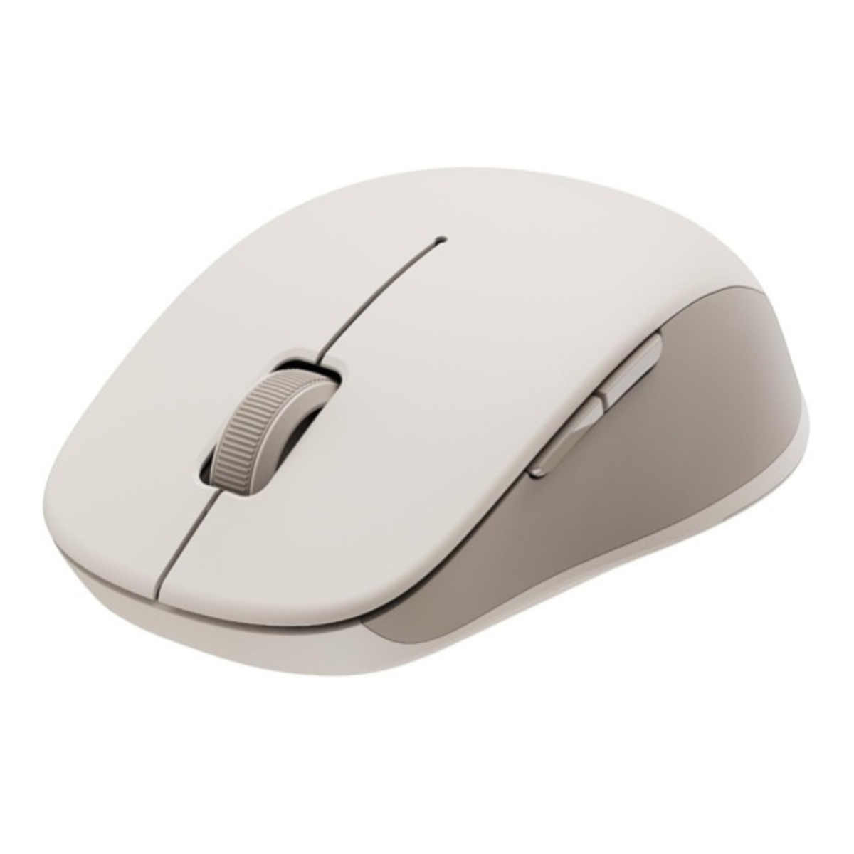 Eine weiße und graue Computermaus. Die Maus hat ein Scrollrad und zwei Seitentasten. Sie liegt auf einer weißen Oberfläche.