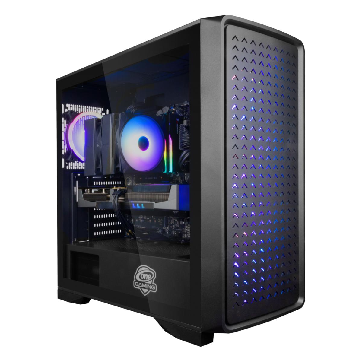 Schwarzes Computergehäuse mit Glasseitenwand. Im Inneren des Gehäuses sind farbige Lichter zu sehen. Es hat ein Gaming-Logo.