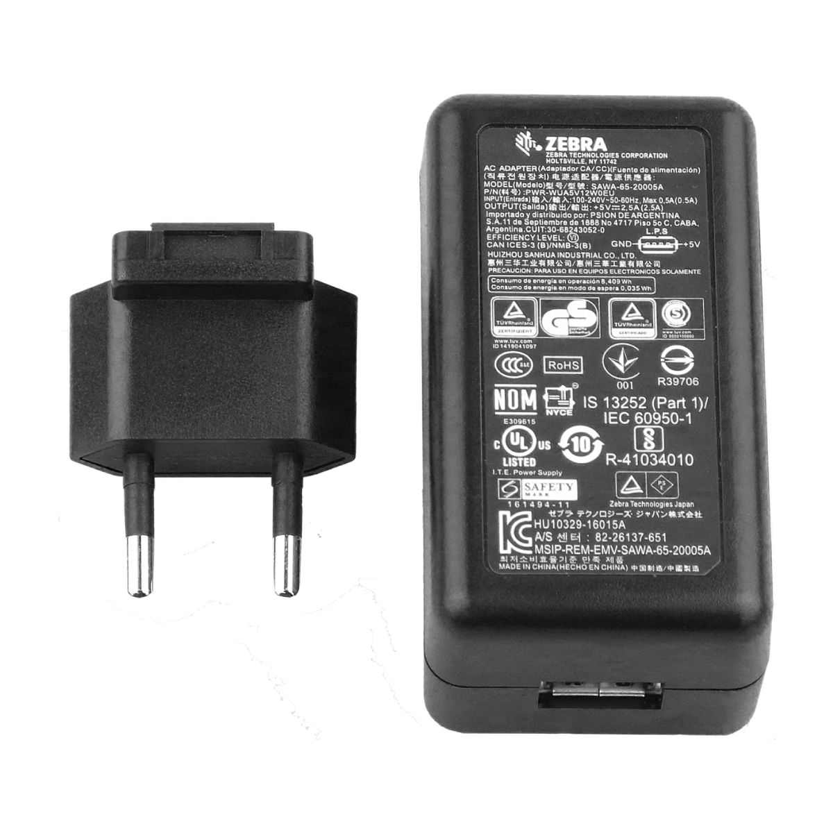 Schwarzer Netzadapter. Der Adapter hat zwei Stifte und ist mit Text beschriftet.