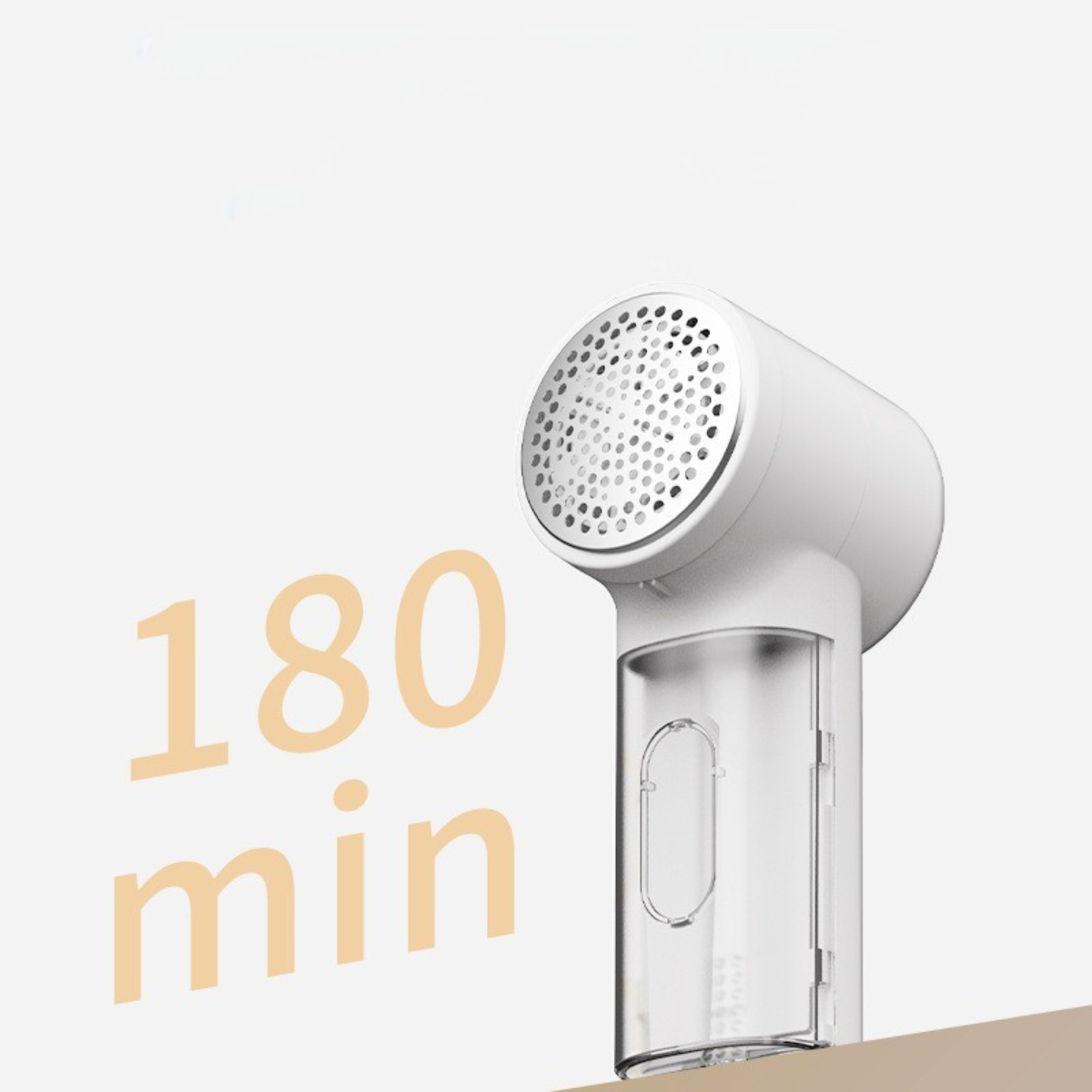 Ein weißer Fusselentferner mit transparentem Behälter. Der Text "180 min" steht links.