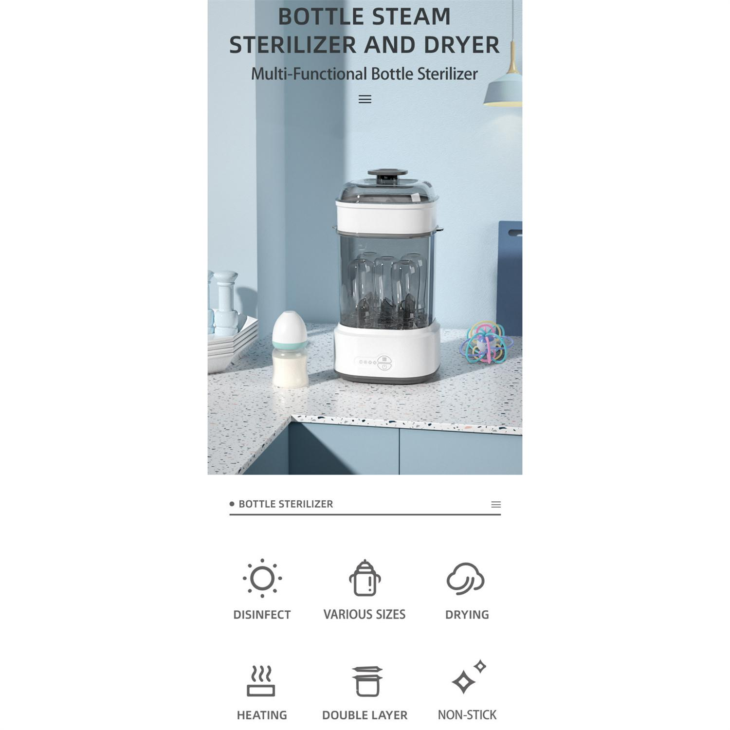 Flaschen-Dampfsterilisator und Trockner. Eine weiße Flasche steht auf der Theke. Der Sterilisator hat ein weißes und graues Design.
