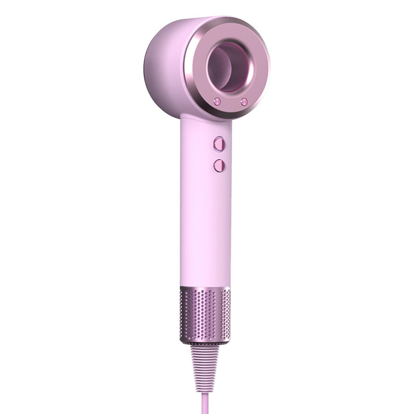 Pinker Haartrockner. Zylindrischer Griff, kreisförmiger Kopf. Metallische Akzente und ein pinkes Netzkabel.