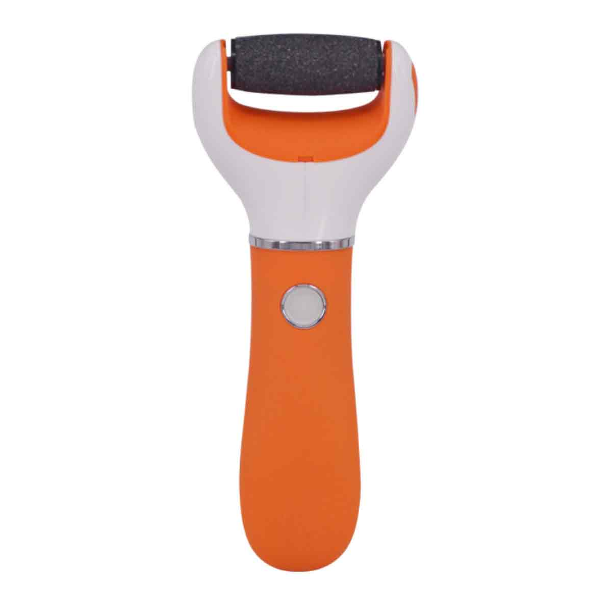 Orangener und weißer Fußschleifer. Walze mit grauer Oberfläche. Knopf am Griff.