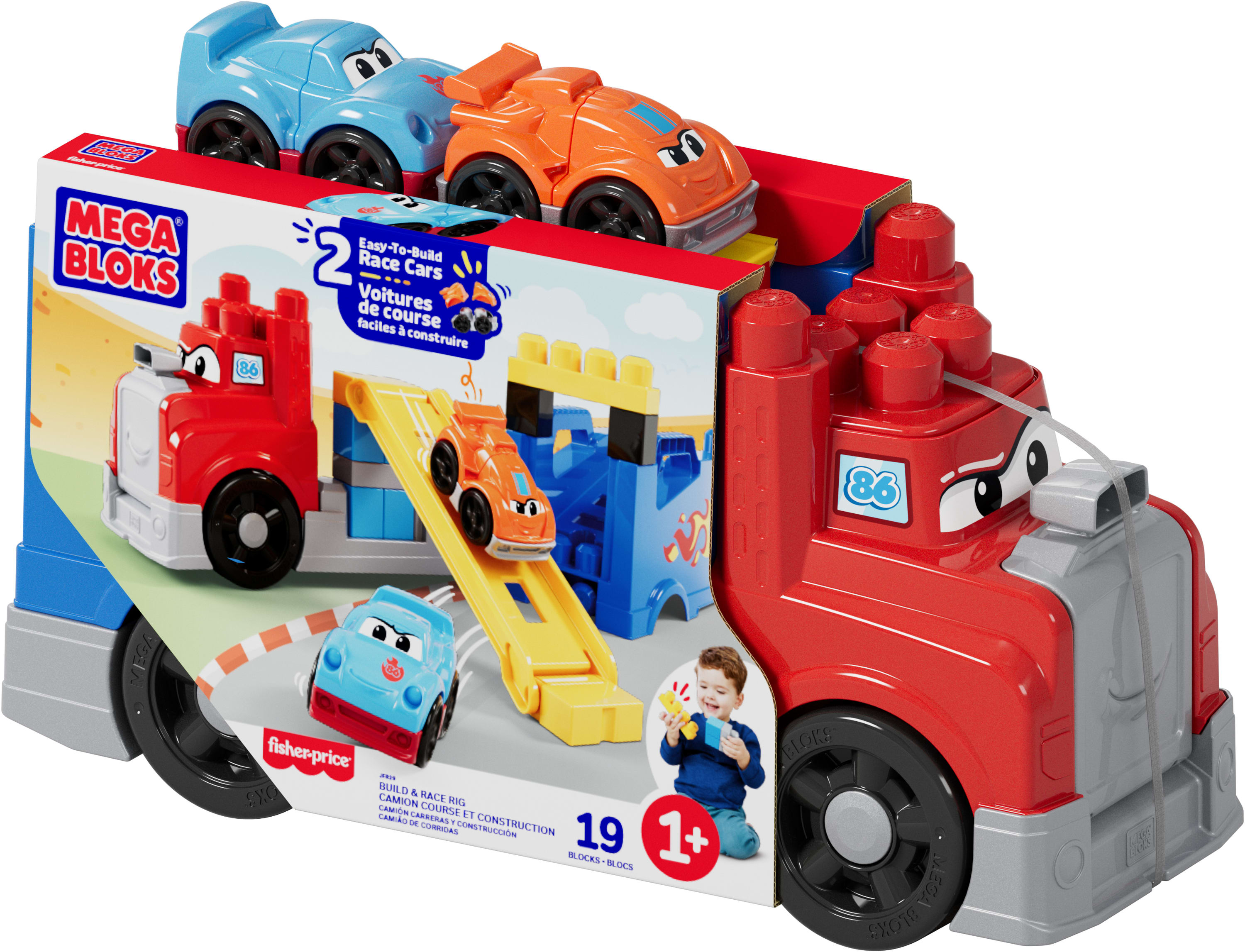 Un camion giocattolo che trasporta un set di macchinine. Il camion è rosso con dettagli blu. Le auto sono piccole e colorate.