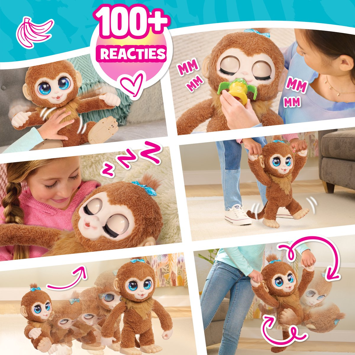 Collage von Bildern, die ein braunes Affenspielzeug zeigen, das mit Kindern interagiert, mit verschiedenen Aktionen und Reaktionen und dem Markennamen.