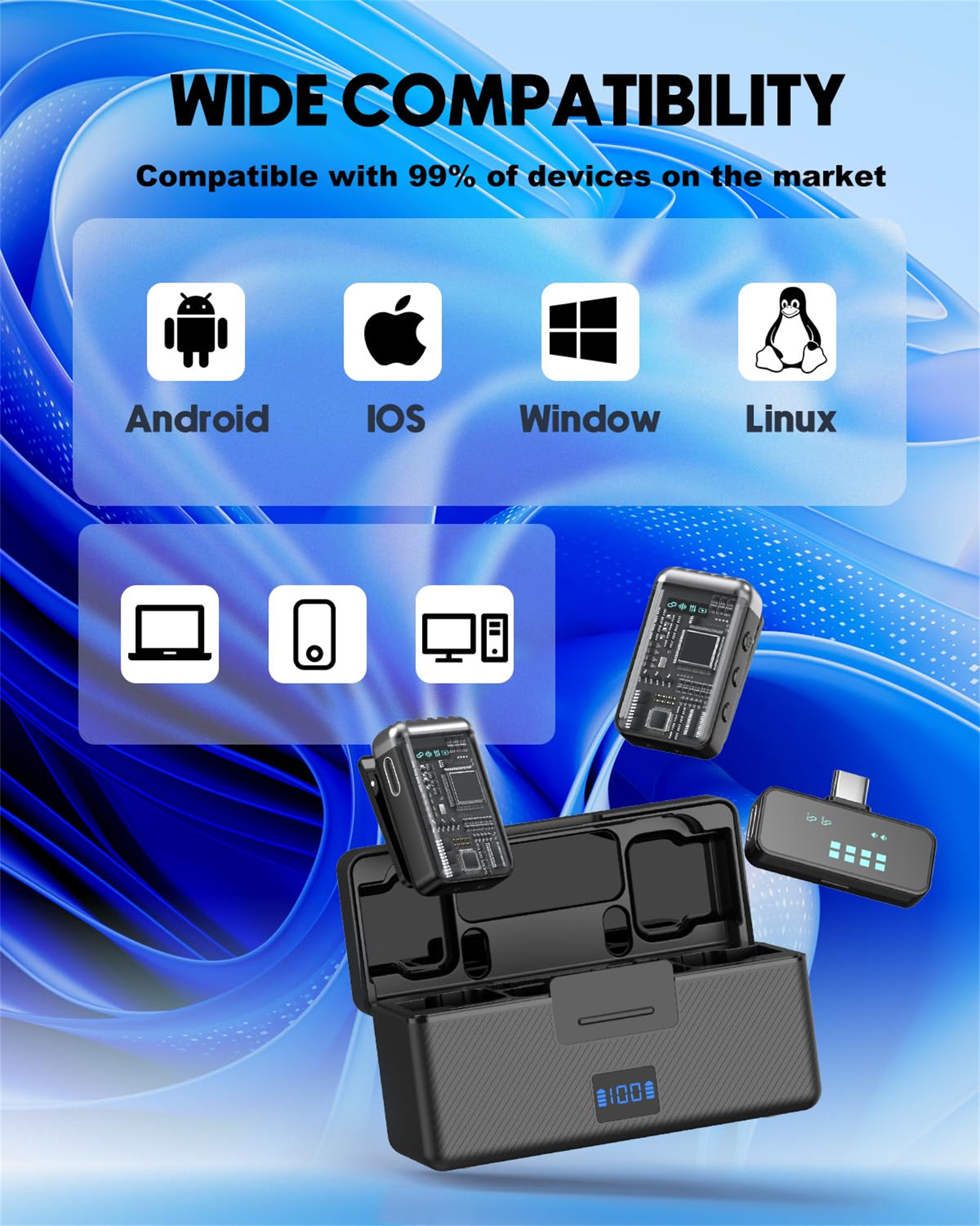 Bild, das Kompatibilität mit Android, iOS, Windows und Linux sowie elektronische Geräte zeigt.