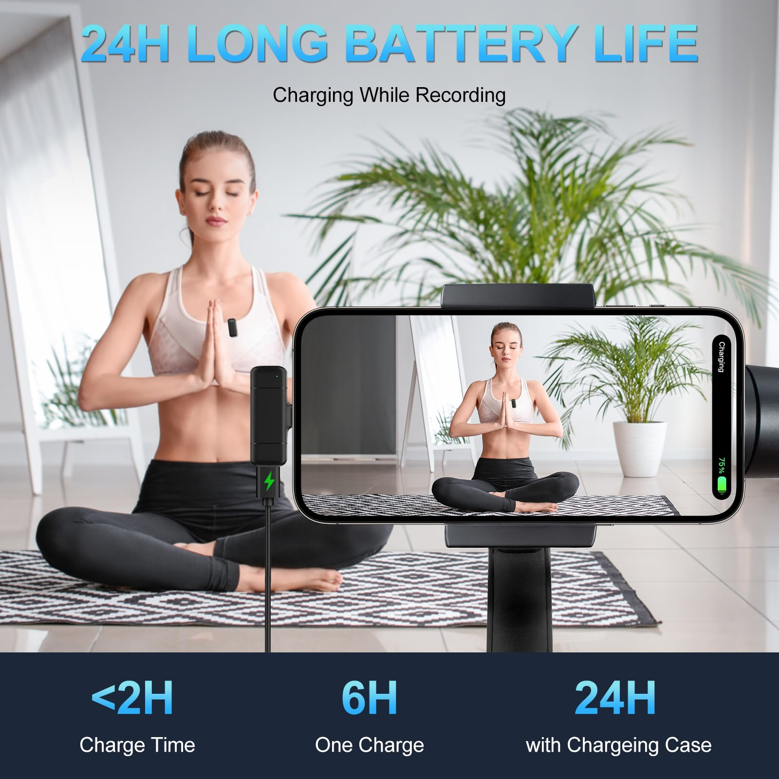 Eine Frau macht Yoga, während ein Telefon geladen wird. Am unteren Bildrand befinden sich Symbole.