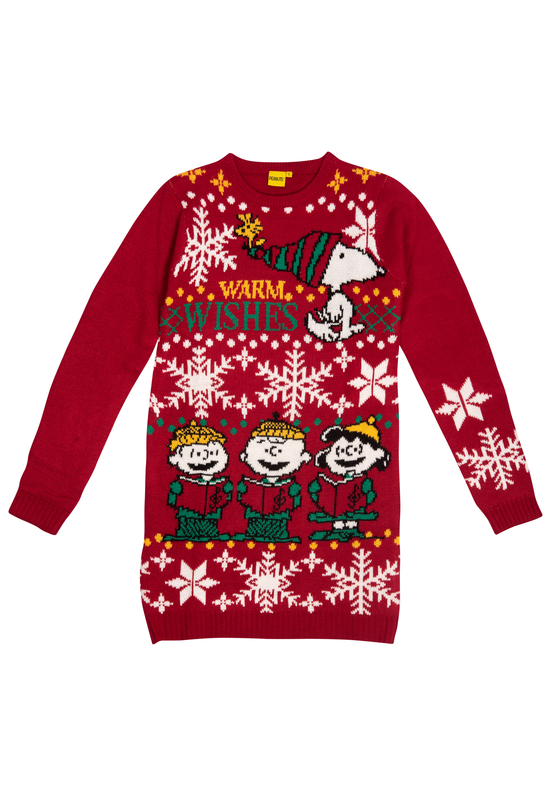 Ein rotes Weihnachtskleid mit Snoopy und der Peanuts-Gang sowie Schneeflocken.