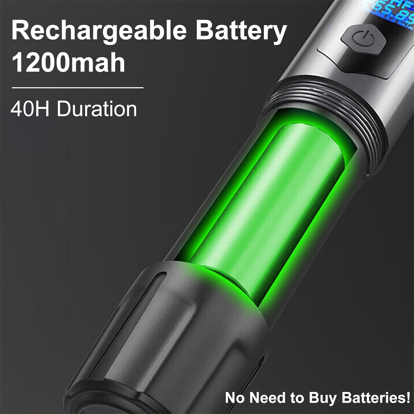 Nahaufnahme eines wiederaufladbaren Akkus in einem Gerät. Text: 'Wiederaufladbarer Akku 1200mAh 40H Dauer' und 'Keine Batterien kaufen!'