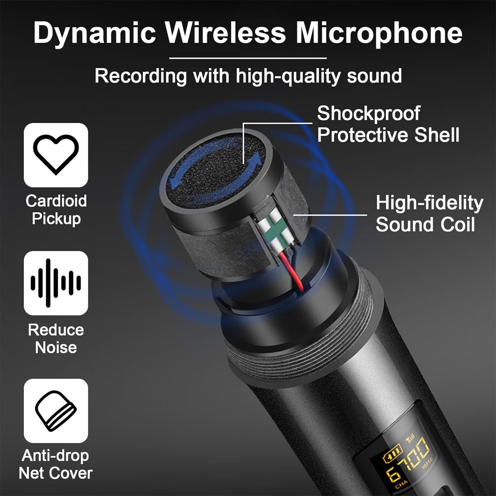 Nahaufnahme eines Mikrofons mit Funktionen: Nierencharakteristik, Rauschunterdrückung, Anti-Drop-Netzabdeckung und High-Fidelity-Spule.