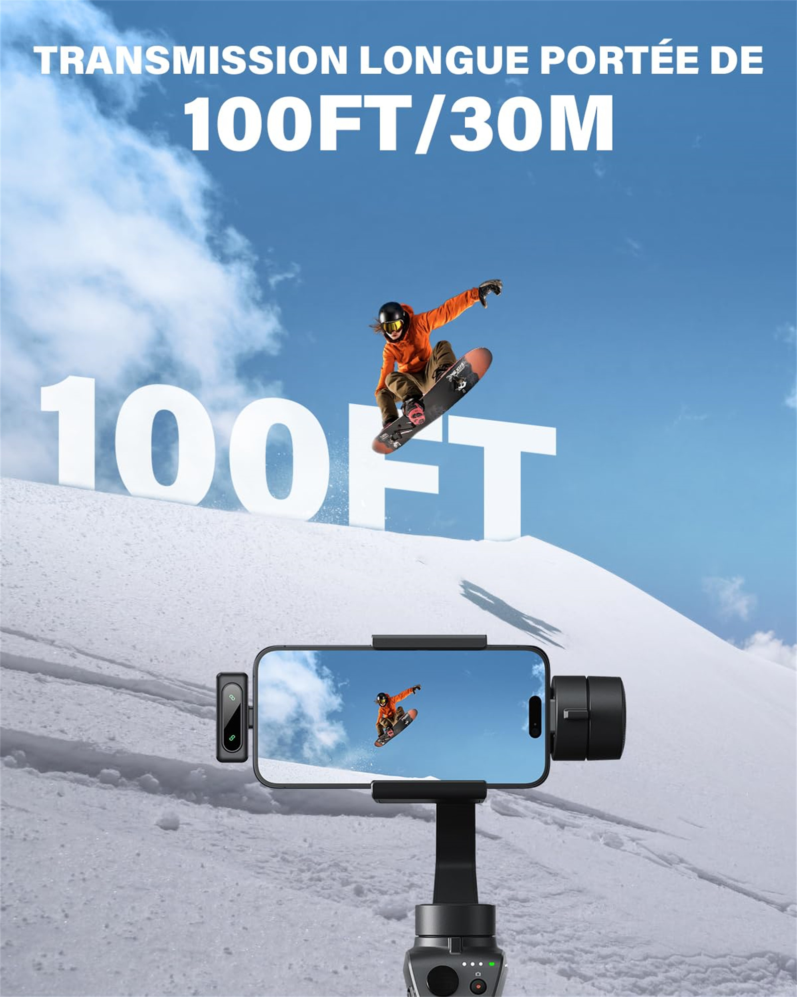 Eine Person beim Snowboarden wird auf einem an einem Gimbal befestigten Telefon festgehalten, mit dem Text '100FT'.