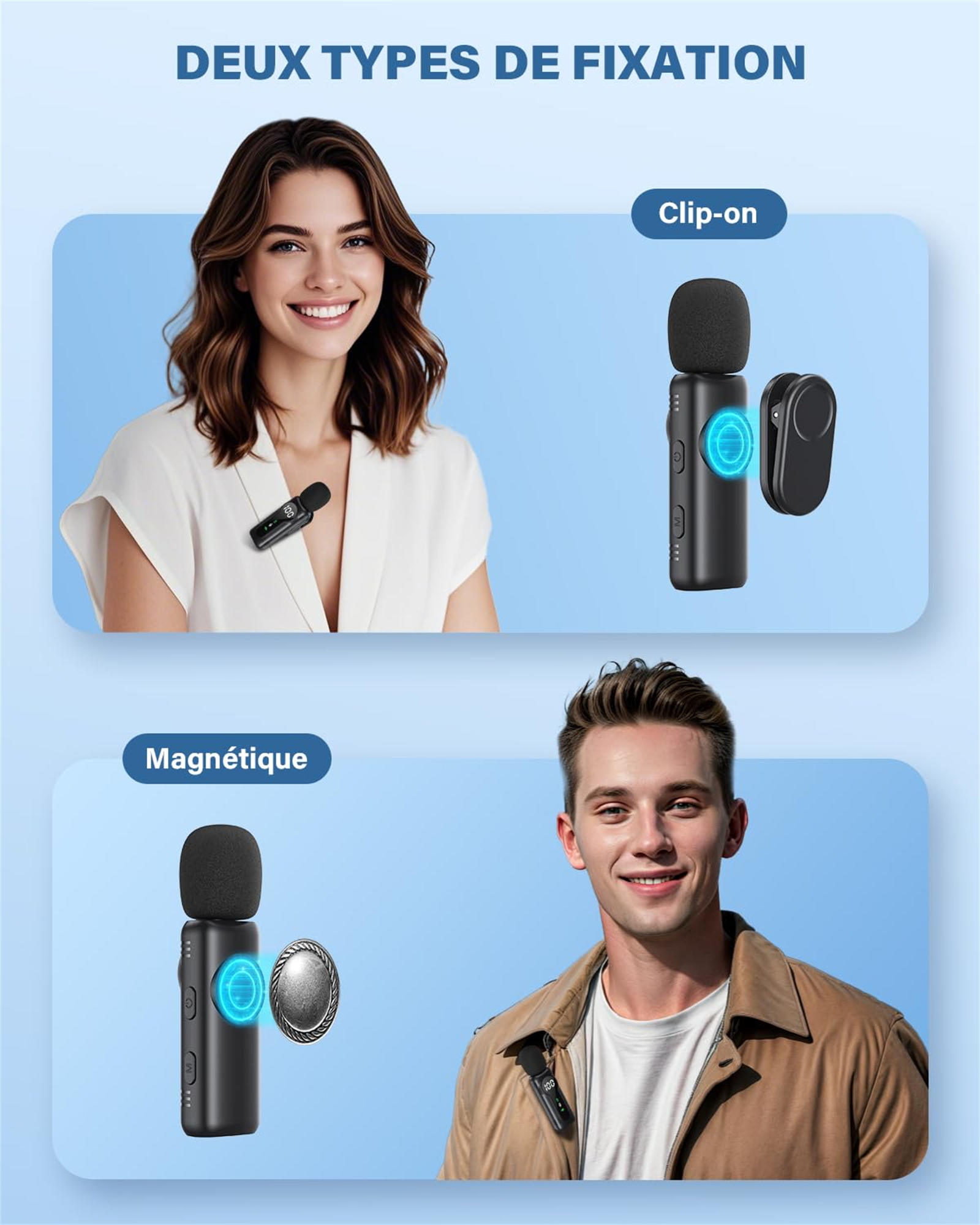 Diagramm mit zwei Mikrofonbefestigungsarten: Clip-on und magnetisch. Zwei Personen demonstrieren die Verwendung.