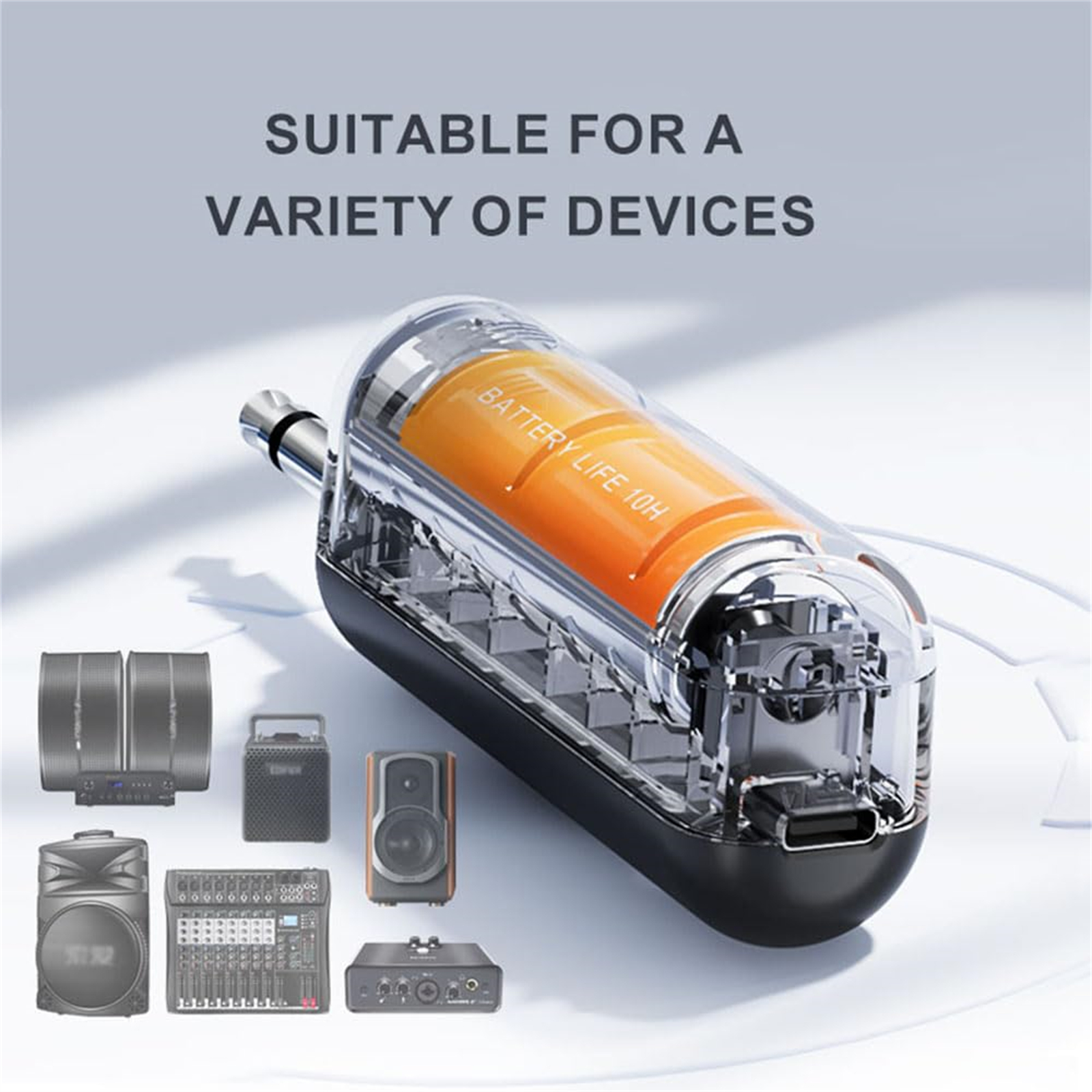 Ein klarer Audioanschluss mit einer orangefarbenen Batterie im Inneren, begleitet von Bildern verschiedener Audiogeräte.