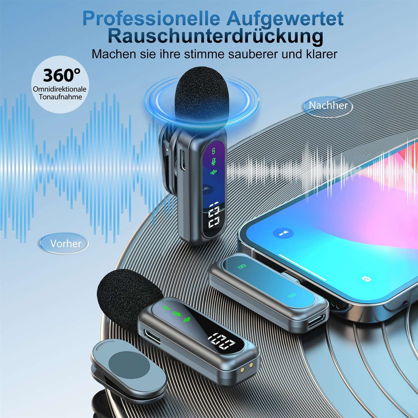 Drahtlose Mikrofon-Geräte mit Smartphone, Schallwellen werden angezeigt.