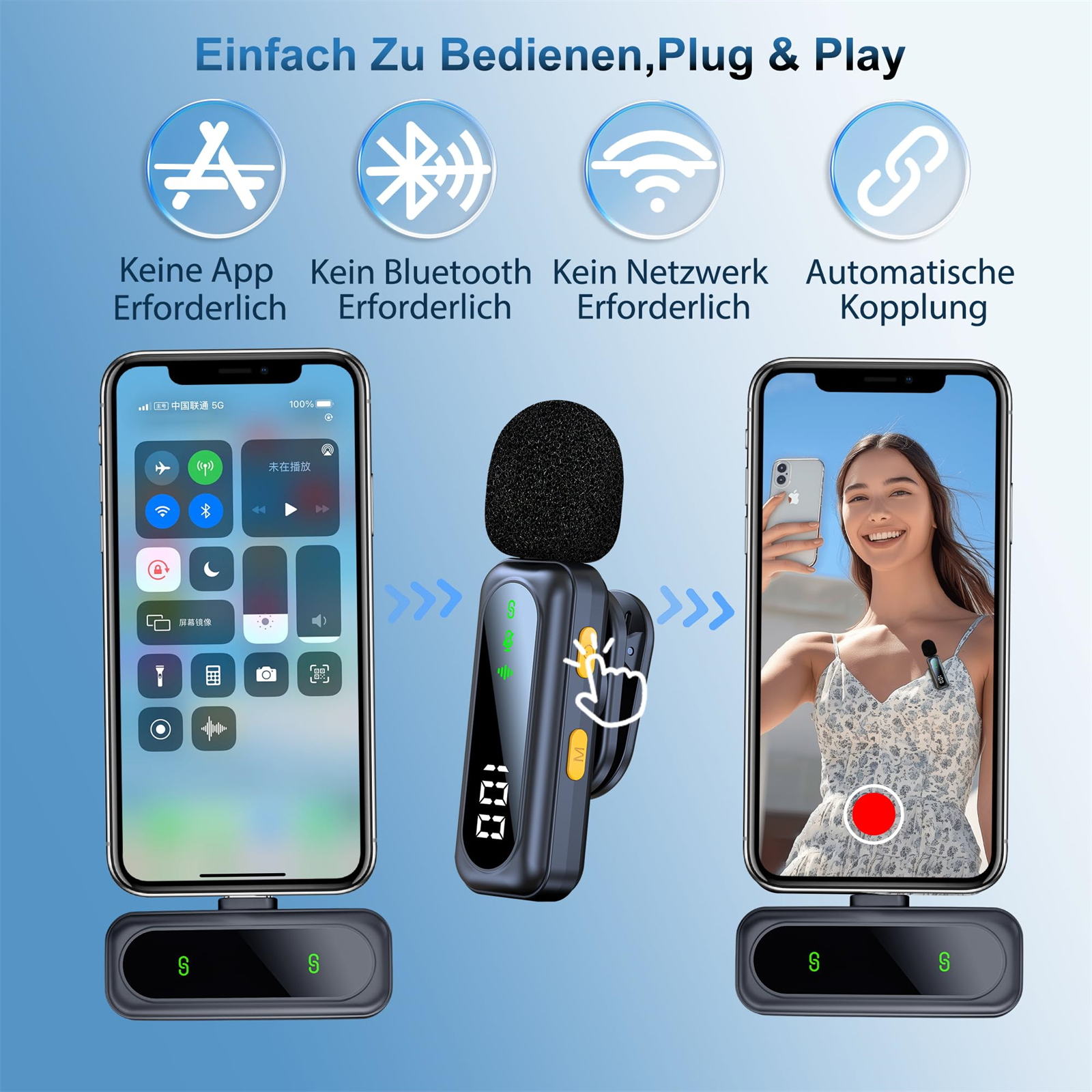 Zwei Smartphones und ein Mikrofon, die drahtlose Verbindung und einfache Einrichtung zeigen.