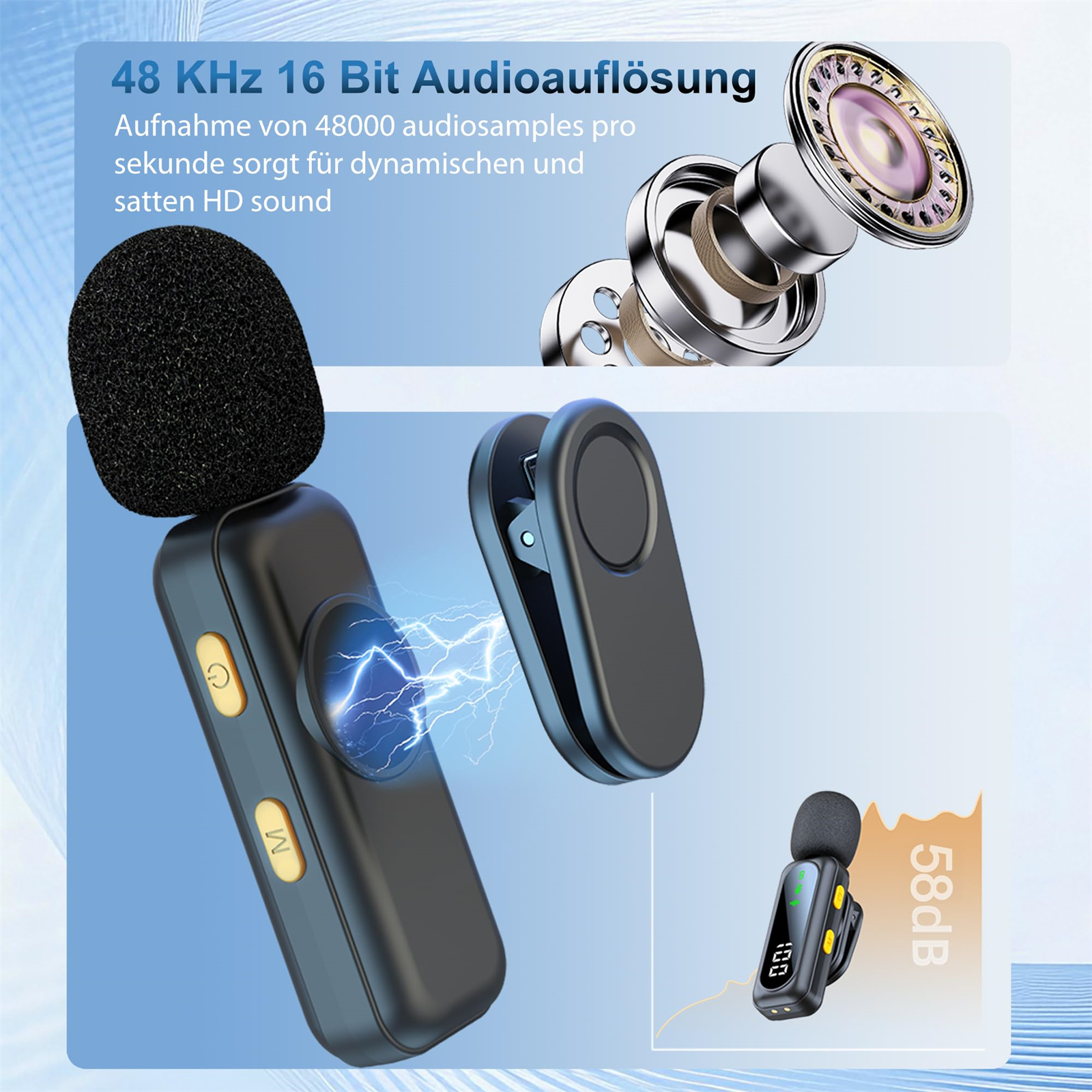 Drahtlose Mikrofone. Eines ist an einem Clip befestigt, das andere mit Display. Mikrofon ist schwarz.