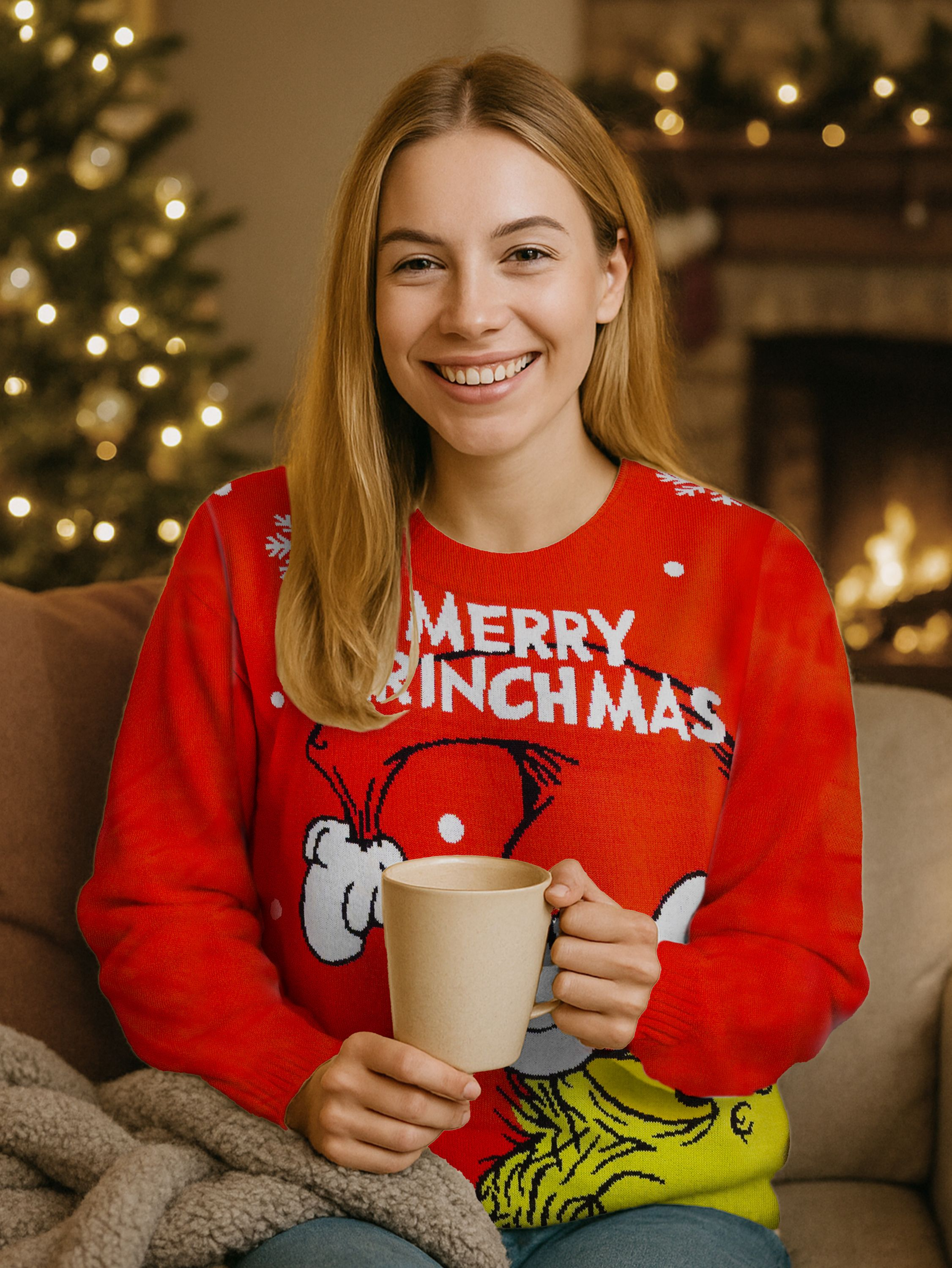 Eine Frau in einem roten Pullover mit der Aufschrift Merry Grinchmas, die einen Becher vor einem Kamin hält.