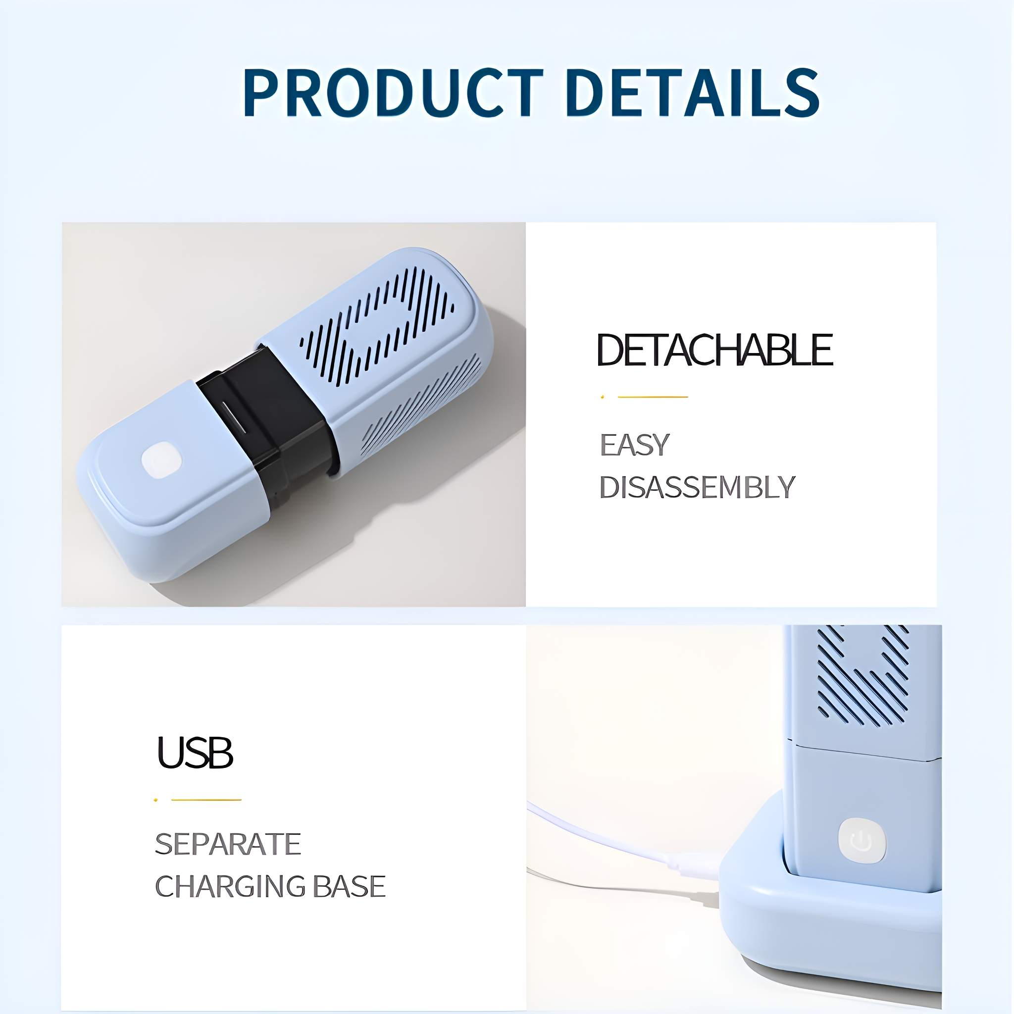 Produktbild. Hellblaues Gerät mit abnehmbarem Teil. Textdetails: abnehmbar, USB, einfache Demontage.