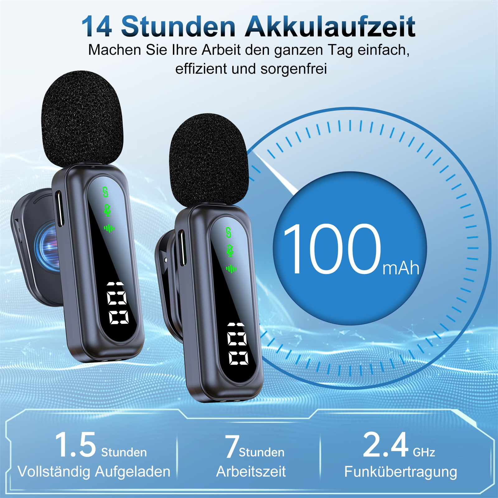Zwei drahtlose Mikrofone und eine Ladestation. Das Bild zeigt 14 Stunden Akkulaufzeit und weitere Details.