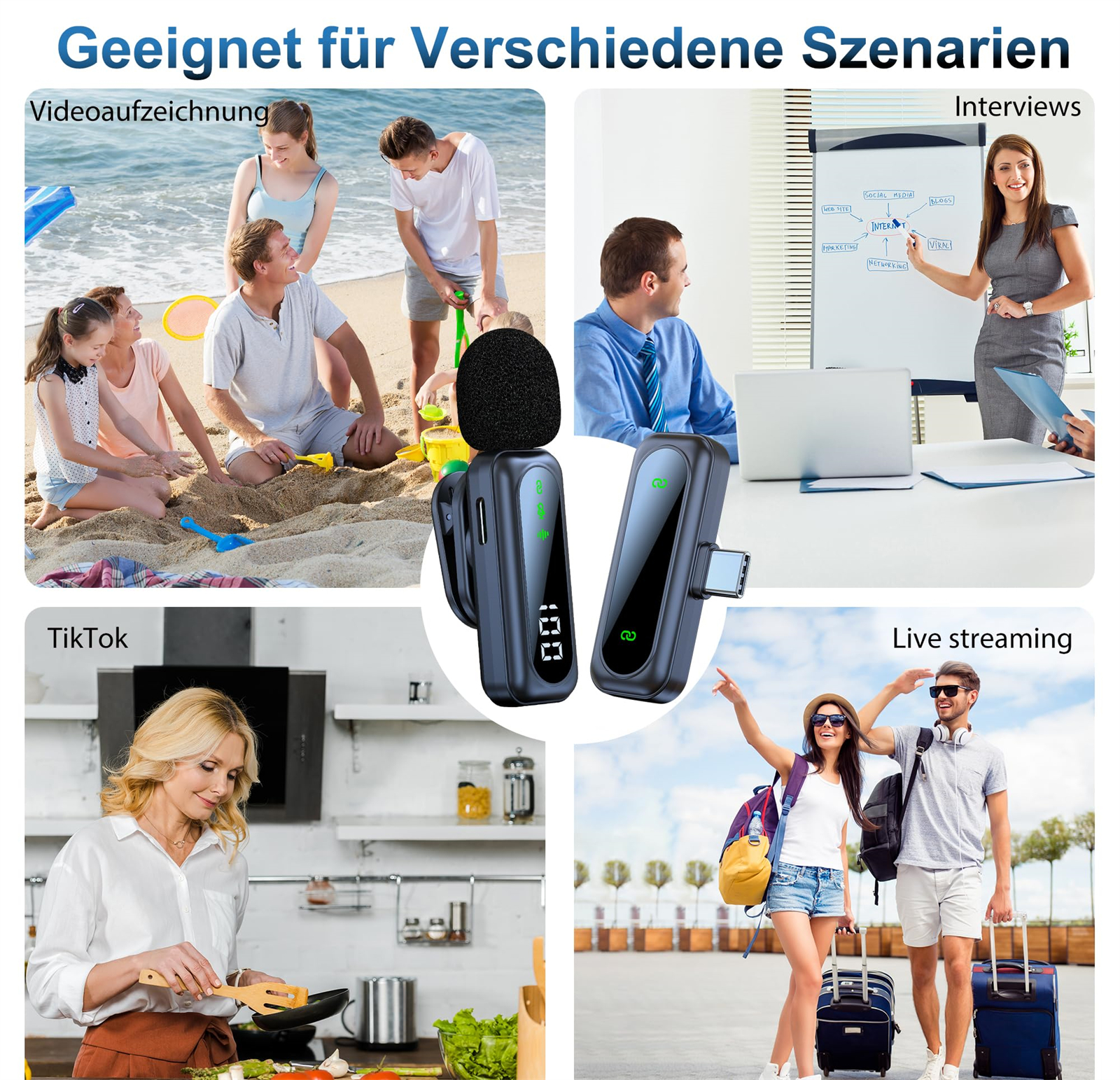Bild zeigt drahtlose Mikrofone in verschiedenen Szenarien: Videoaufzeichnung, Interviews, TikTok und Live-Streaming.