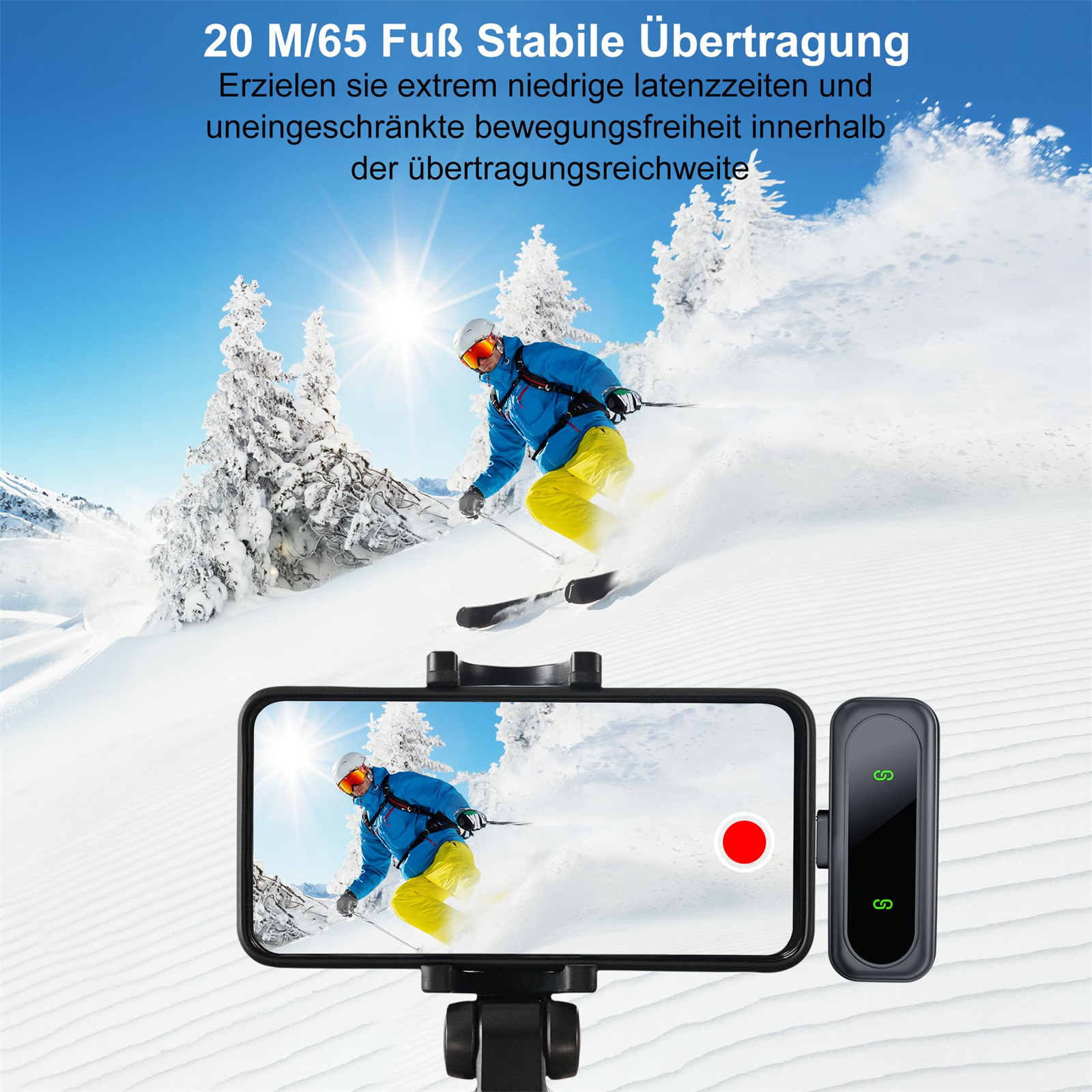 Ein Skifahrer auf einem schneebedeckten Berg wird auf einem Telefon mit einem Gerät aufgenommen. Das Telefon zeigt die Aufnahme.
