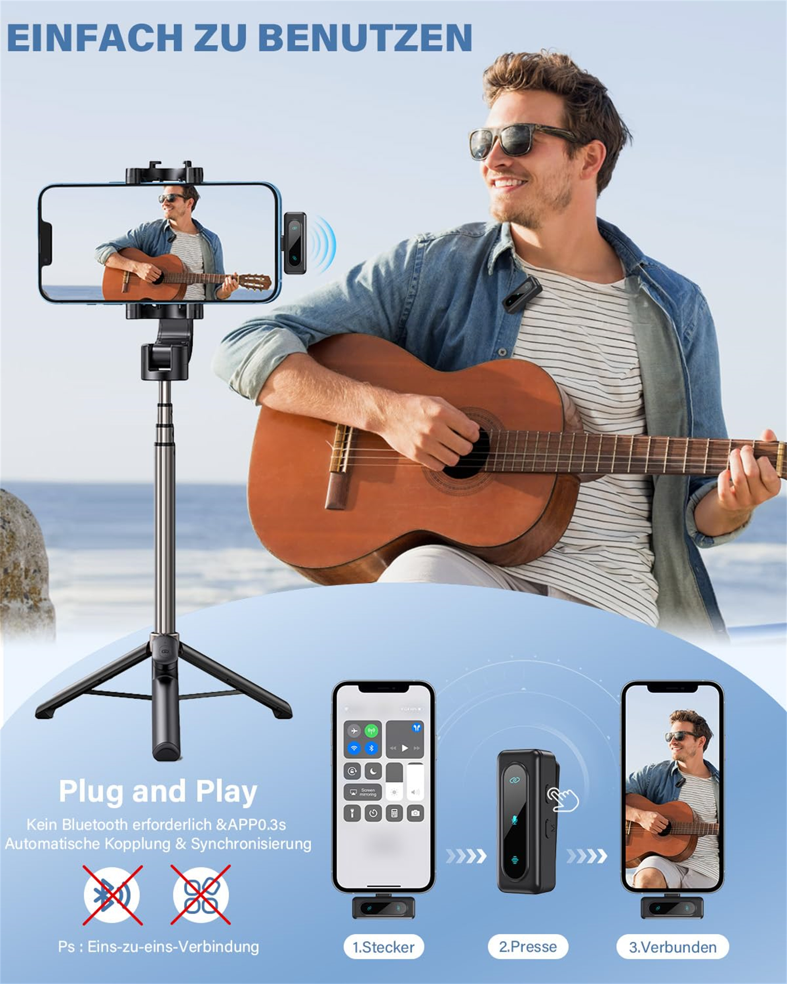 Mann spielt Gitarre mit Mikrofon am Hemd. Telefon zeigt Bedienfeld. Illustrationen von Telefon und Gerät.