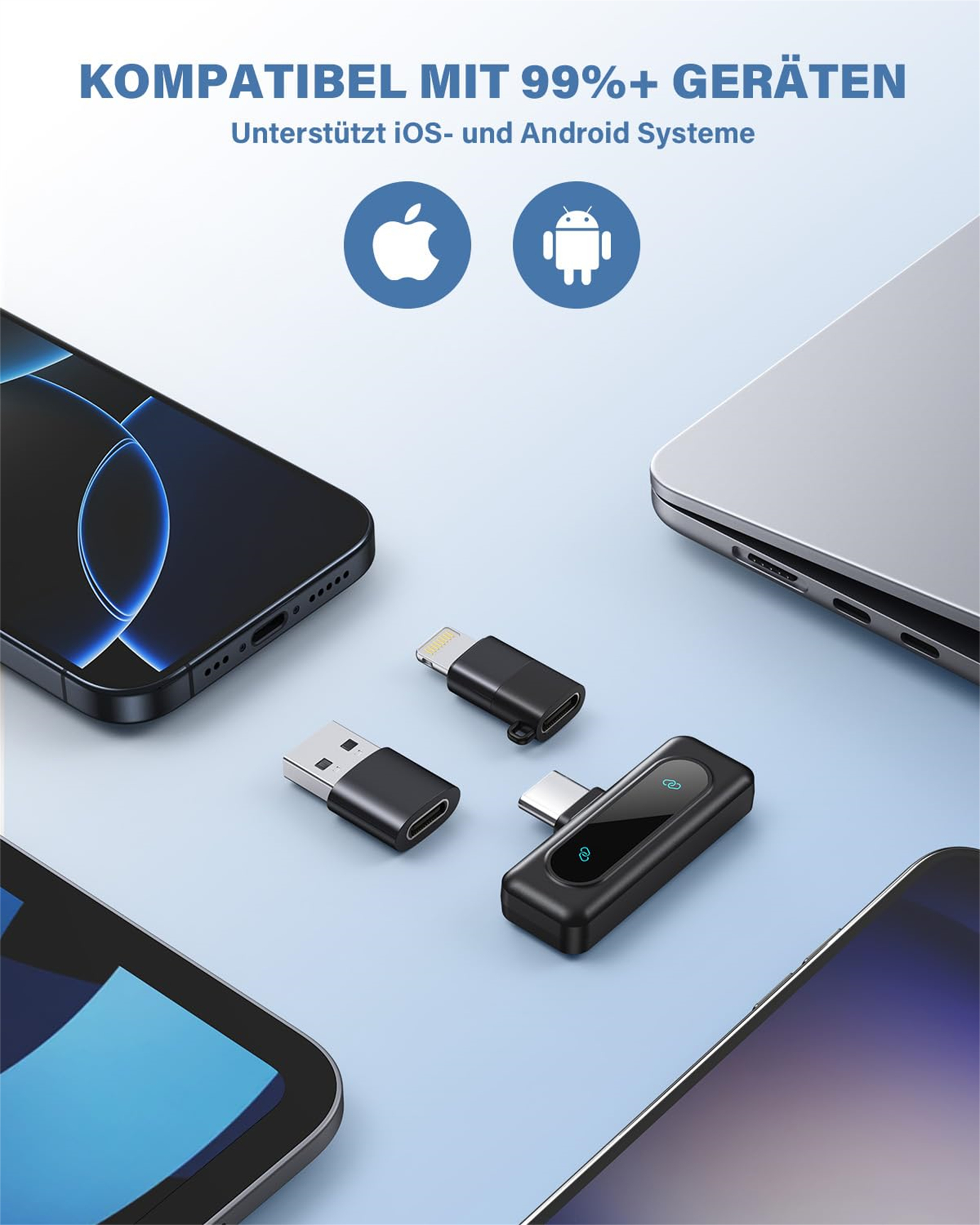Eine Sammlung von Tech-Geräten: Handys, ein Laptop und USB-Adapter. Das Bild befindet sich auf einer reflektierenden Oberfläche.