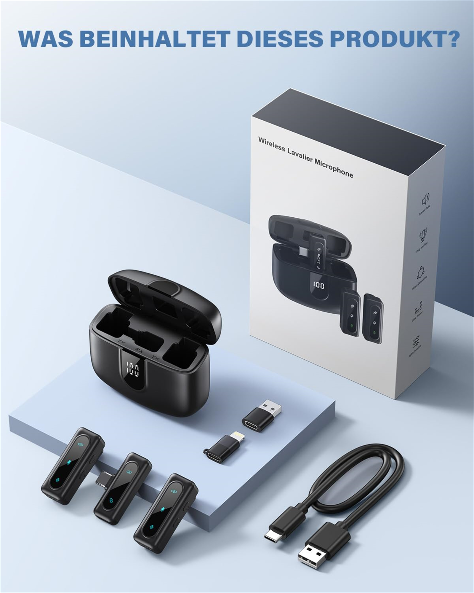 Eine Produktanzeige: drahtlose Ansteckmikrofone, Ladeetui, USB-Kabel und Adapter. Alles auf einer blauen Oberfläche angeordnet.