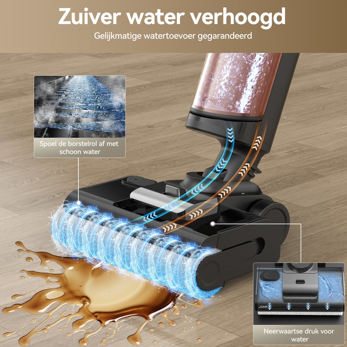 Un aspirateur avec flux d'eau nettoyant un sol, montrant la pulvérisation d'eau. Petites incrustations montrent le nettoyage.
