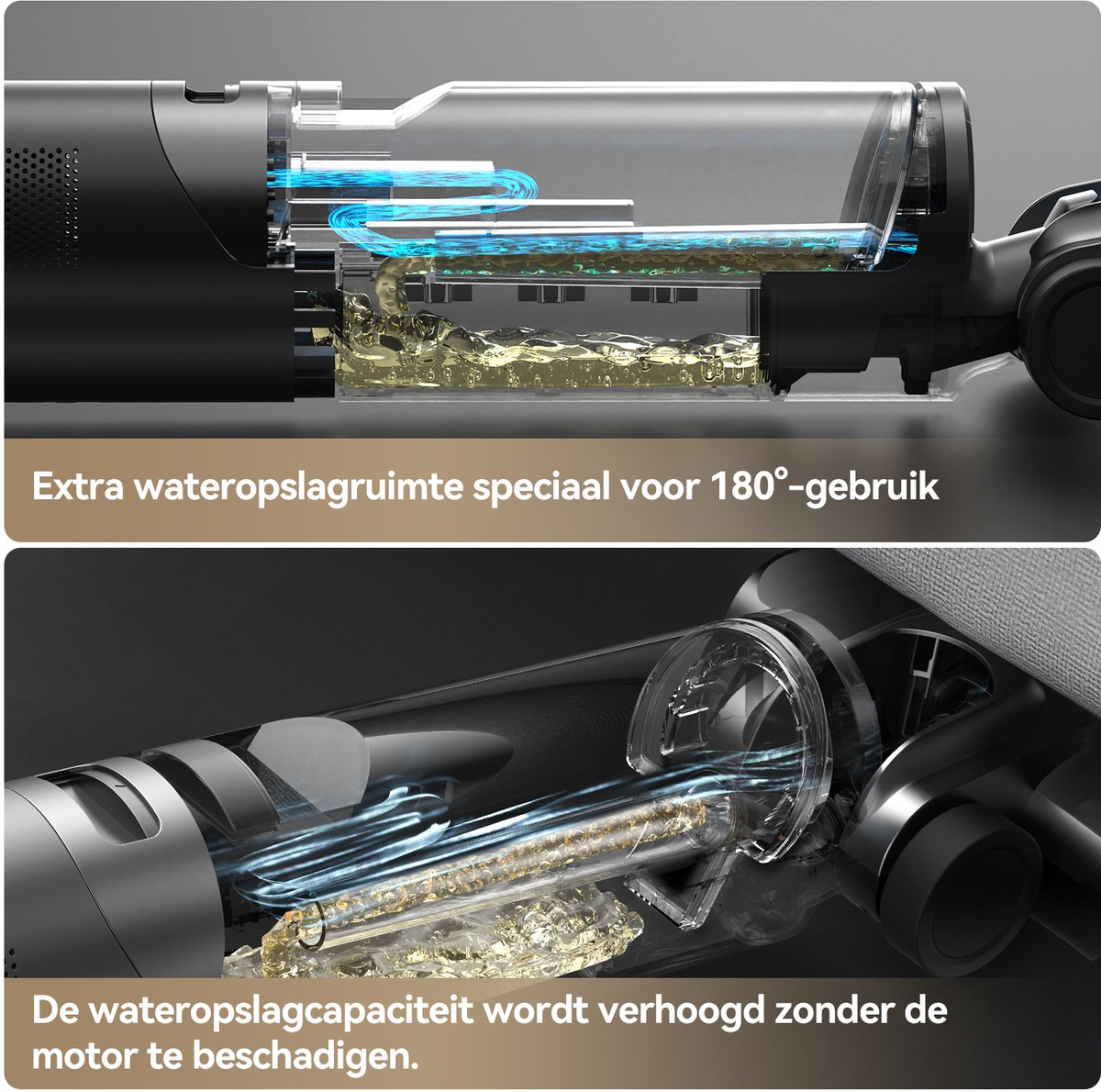 Deux images montrant le mécanisme de nettoyage interne d'un appareil, avec stockage et flux d'eau.